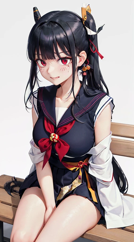 Black hair, bangs, curtained hair, crossed bangs, Long hair, Messy hair, pony tails, Very long hair, Black hair, bangs, curtained hair, crossed bangs, Long hair, Messy hair, pony tails, Very long hair, Big hair, ((Drinking Japan tea)), hair ear, hair tying, hair flaps, widow peak, head gear, Hair ribbon, kanzashi, hairpods, white hair ribbon, Moles under eyes, Raised eyebrows, eyeball, Evil smile, crazy, Shy, scowling, jitome, gloom (expression), Seductive smile, anime big breast, Minimalism, Anime style, anime big breast, Minimalism, Anime style, angle of view, From above, hyper HD, retinas, Masterpiece, ccurate, Textured skin, Super detail, High quality, High details, Award-Awarded, Best quality, A high resolution, 16k, hyper HD, retinas, Masterpiece, ccurate, Textured skin, Super detail, High quality, High details, Award-Awarded, Best quality, A high resolution, 16k(((Sit on a bench and open your legs wide)))((Classic sailor suit))