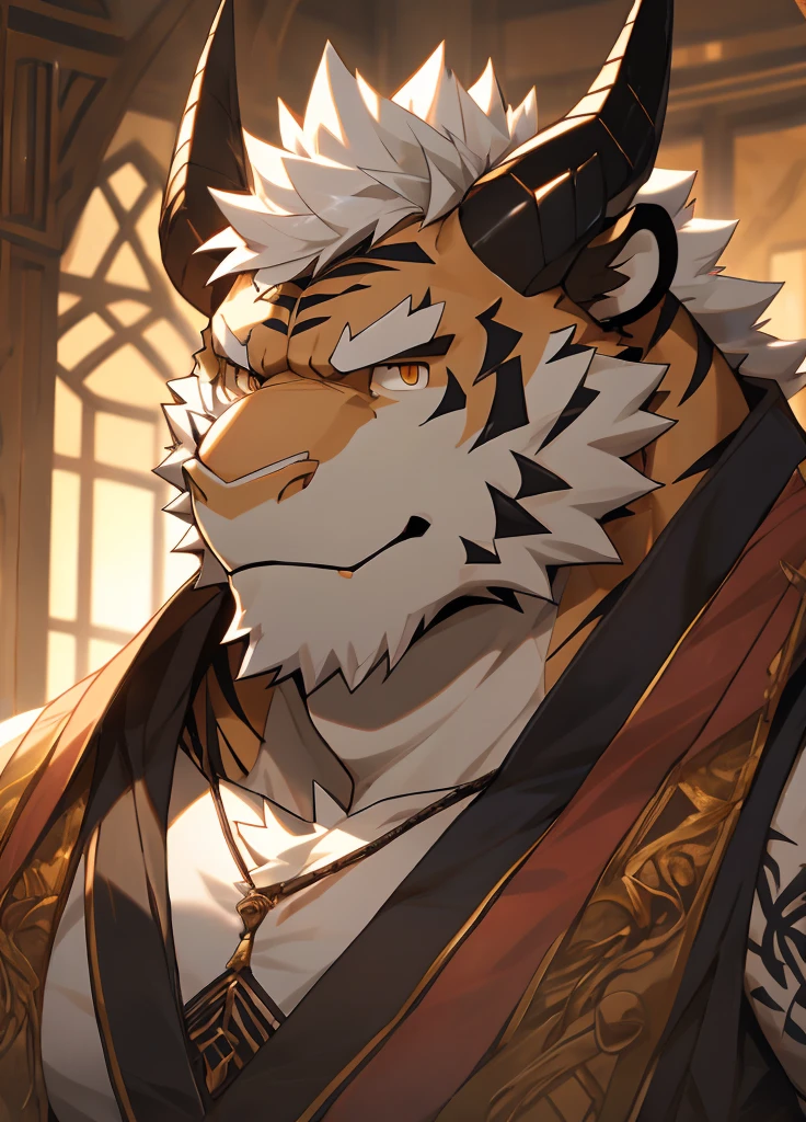(masterpiece),Very detailed,(best quality),hairy,Tiger,male,Dragon Scale,black dragon horns,Golden Eyes,white hair,尾巴hairy的,Blood in left eye,Be honest and trustworthy,Handsome,8K,(high quality)