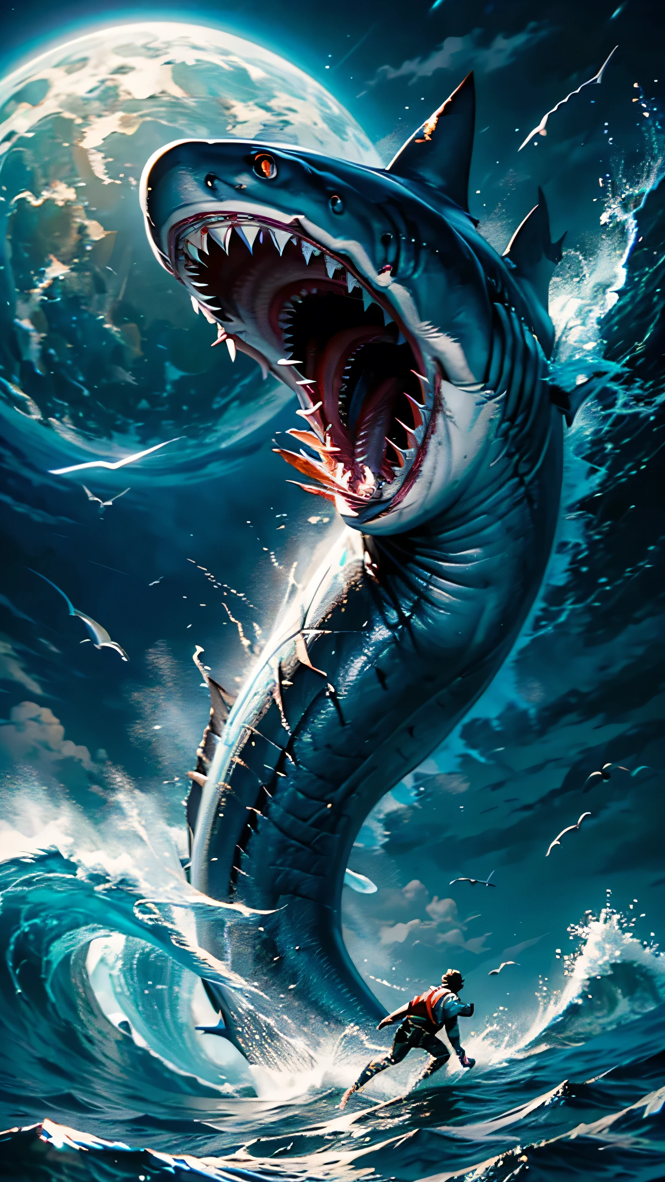 Super-giant shark jumps out of the ocean, wounded body, big mouth, stormy night