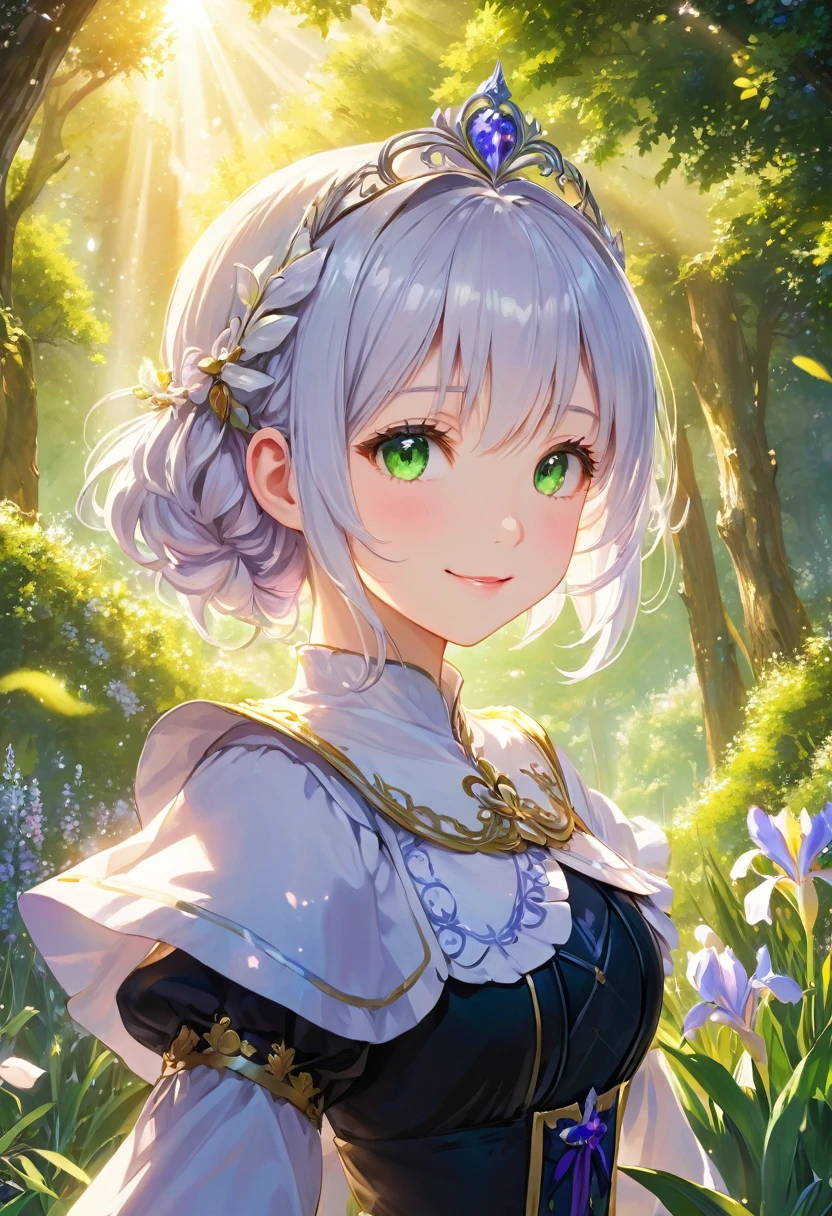 (Panorama, Center, Masterpiece, Highest Quality: 1.2), (8K, Raw Photos, Highest Quality), ((Masterpiece: 1.2)), Realistic, Ultra High Resolution, High Contrast, Photon Mapping, Vivid Colors, Composition seen from a distance, distant view, 26mm, Super Detailed, Raw Photos, Authentic, Official Art, RAW Photos, Professional Lighting, Lights, Vivid Atmosphere, finest illustration, best shadows),(An image with a composition with a large background and a small person), A smiling girl (Emilia princess from Re:Zero, elegant silver-haired girl with delicate features, beautiful detailed eyes, long eyelashes, full lips, colorful makeup, slim waist, wearing a academy uniform, short sleeve top, photorealistic, (best quality,4k,8k,highres,masterpiece:1.2),ultra-detailed,(realistic,photorealistic,photo-realistic:1.37), extremely detailed face and eyes, highly detailed iris, (cute)), A smiling girl and a black kitten are watching over the sprouts in the park, The park is bathed in soft morning light, and the trees and flowers are beautiful, giving a sense of the power of life, green and gold and silver gradients, the atmosphere where you can feel the excitement of adventure, an atmosphere of happiness and joy, a world view of high fantasy, a magnificent composition, beautifully depicted with the golden rule, Guardian nebulae of iridescent lights and silvery vapors, colors of corrosive siege rays, slimy air,