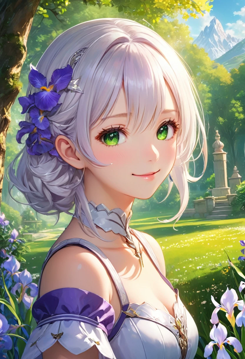 (Panorama, Center, Masterpiece, Highest Quality: 1.2), (8K, Raw Photos, Highest Quality), ((Masterpiece: 1.2)), Realistic, Ultra High Resolution, High Contrast, Photon Mapping, Vivid Colors, Composition seen from a distance, distant view, 26mm, Super Detailed, Raw Photos, Authentic, Official Art, RAW Photos, Professional Lighting, Lights, Vivid Atmosphere, finest illustration, best shadows),(An image with a composition with a large background and a small person), A smiling girl (Emilia princess from Re:Zero, elegant silver-haired girl with delicate features, beautiful detailed eyes, long eyelashes, full lips, colorful makeup, slim waist, wearing a academy uniform, short sleeve top, photorealistic, (best quality,4k,8k,highres,masterpiece:1.2),ultra-detailed,(realistic,photorealistic,photo-realistic:1.37), extremely detailed face and eyes, highly detailed iris, (cute)), A smiling girl and a black kitten are watching over the sprouts in the park, The park is bathed in soft morning light, and the trees and flowers are beautiful, giving a sense of the power of life, green and gold and silver gradients, the atmosphere where you can feel the excitement of adventure, an atmosphere of happiness and joy, a world view of high fantasy, a magnificent composition, beautifully depicted with the golden rule, Guardian nebulae of iridescent lights and silvery vapors, colors of corrosive siege rays, slimy air,