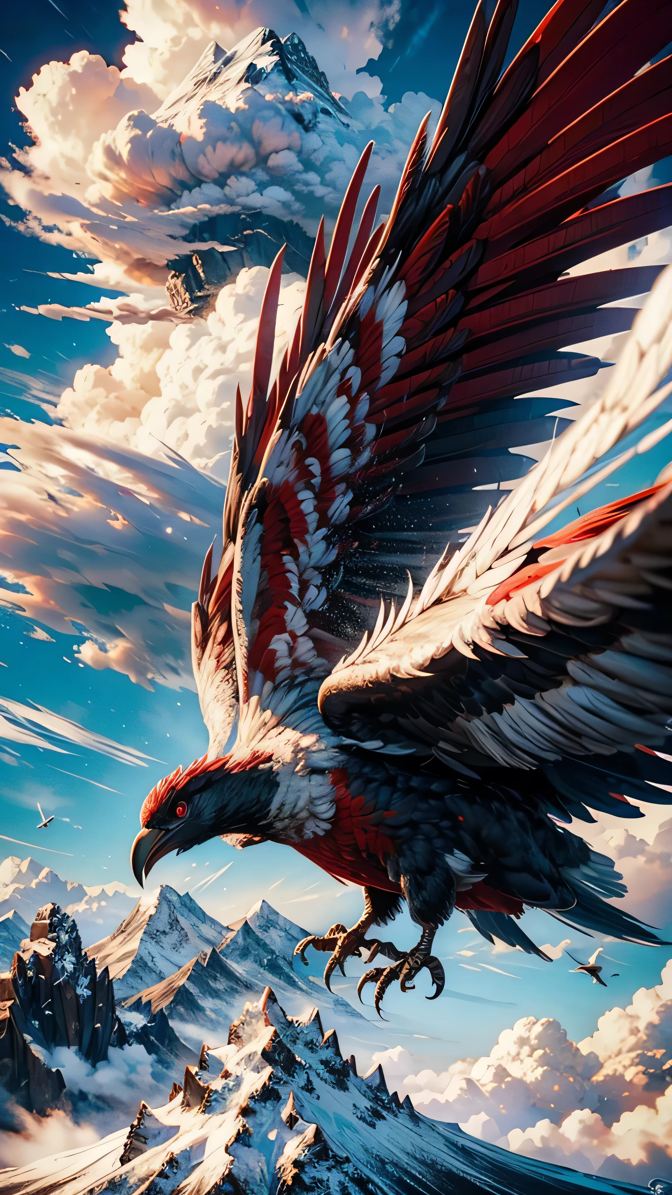 Super huge bird, red eyes, A body bigger than a mountain,Cumulonimbus,Spreading its wings
