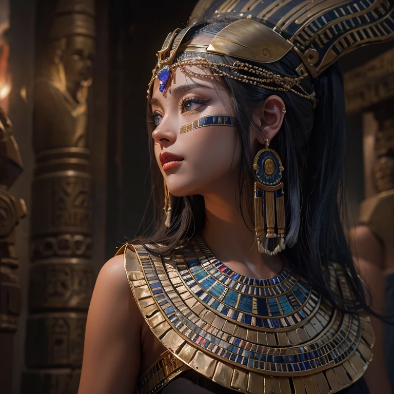 Standing in an ancient Egyptian cave、Blowing hair 、 ((highest quality、masterpiece、8k、Best image quality、Ultra-high resolution、Award-winning works)、(Accurate anatomy:1.1)、(Look at me and smile:1.0)、Shining fair skin with Ultra-high resolution、The most detailed face、Ultra-high resolution detailed face、Ultra-high resolutionの髪の毛、(Ultra-high resolution eye:1.1)、Beautiful face drawn in every detail、Ancient Egyptian costumes, Chest to chest, Dark atmosphere,Dark Light, Ancient Egyptian makeup,