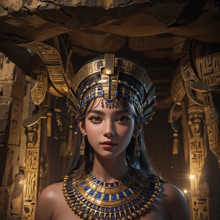 Standing in an ancient Egyptian cave、Blowing hair 、 ((highest quality、masterpiece、8k、Best image quality、Ultra-high resolution、Award-winning works)、(Accurate anatomy:1.1)、(Look at me and smile:1.0)、Shining fair skin with Ultra-high resolution、The most detailed face、Ultra-high resolution detailed face、Ultra-high resolutionの髪の毛、(Ultra-high resolution eye:1.1)、Beautiful face drawn in every detail、Ancient Egyptian costumes, Chest to chest,  Dark atmosphere,Dark Light, Ancient Egyptian makeup, 