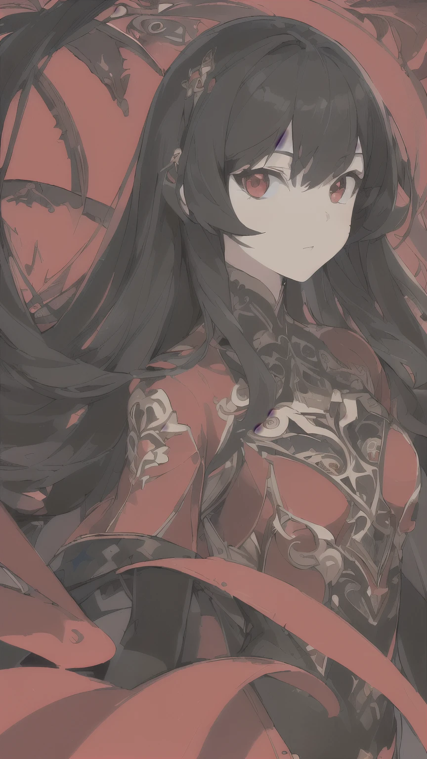 (((masterpiece))),(((bestquality))),((ultra-detailed)),(illustration),((anextremelydelicateandbeautiful)),dynamicangle,floating,(beautifuldetailedeyes),(detailedlight) (1girl), solo, floating_hair,glowingeyes,black hair,redeyes, longhair, atdan, black and red background, 