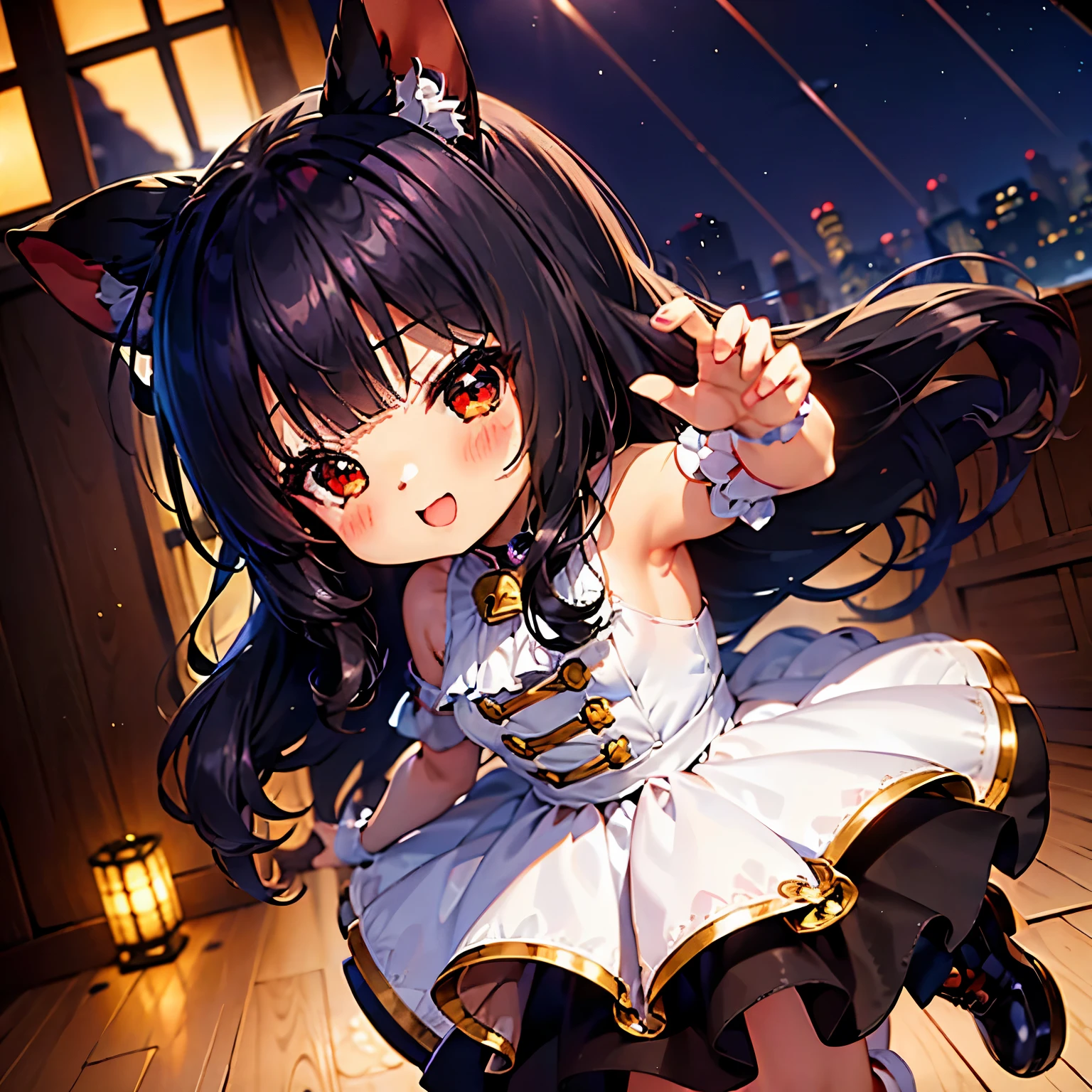 de primera calidad、Higher resolution、(Chibi:1.4)、(Chibi Chara)、Uma Musume、pelo negro, orejas de gato、cabello largo、pelo liso、ojos rojos, abrir la boca abierta、Contento、una sonrisa、correr、fondo sencillo