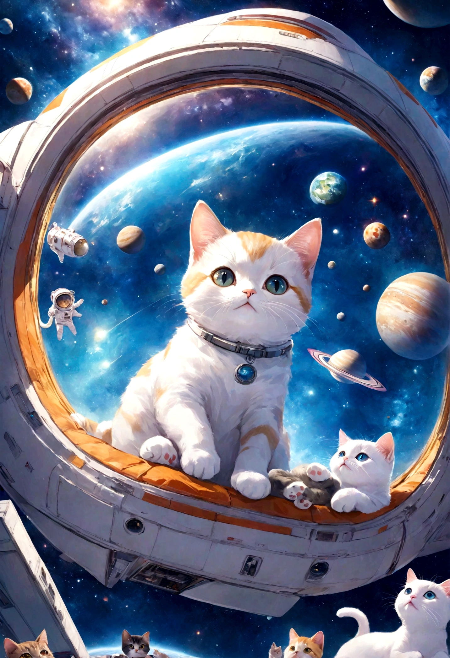 (masterpiece)、(Highest quality:1.1)、(Ultra HD:1.1)、Cat and dog on the space shuttle、Kitten in space、Space Cat、Space Cat、Planet of Cats、Cat summons spaceship、A cat that summons a spaceship、astronaut cat、Cute detailed digital art、Anime Cat、pixiv、Cute cat anime visuals、Adorable digital painting、 Cute digital art