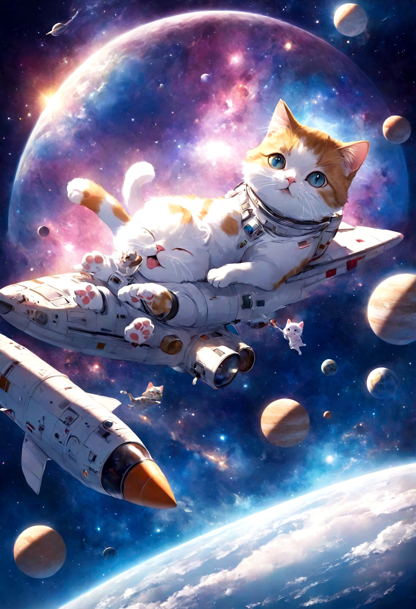 (masterpiece)、(Highest quality:1.1)、(Ultra HD:1.1)、Cat and dog on the space shuttle、Kitten in space、Space Cat、Space Cat、Planet of Cats、Cat summons spaceship、A cat that summons a spaceship、astronaut cat、Cute detailed digital art、Anime Cat、pixiv、Cute cat anime visuals、Adorable digital painting、 Cute digital art