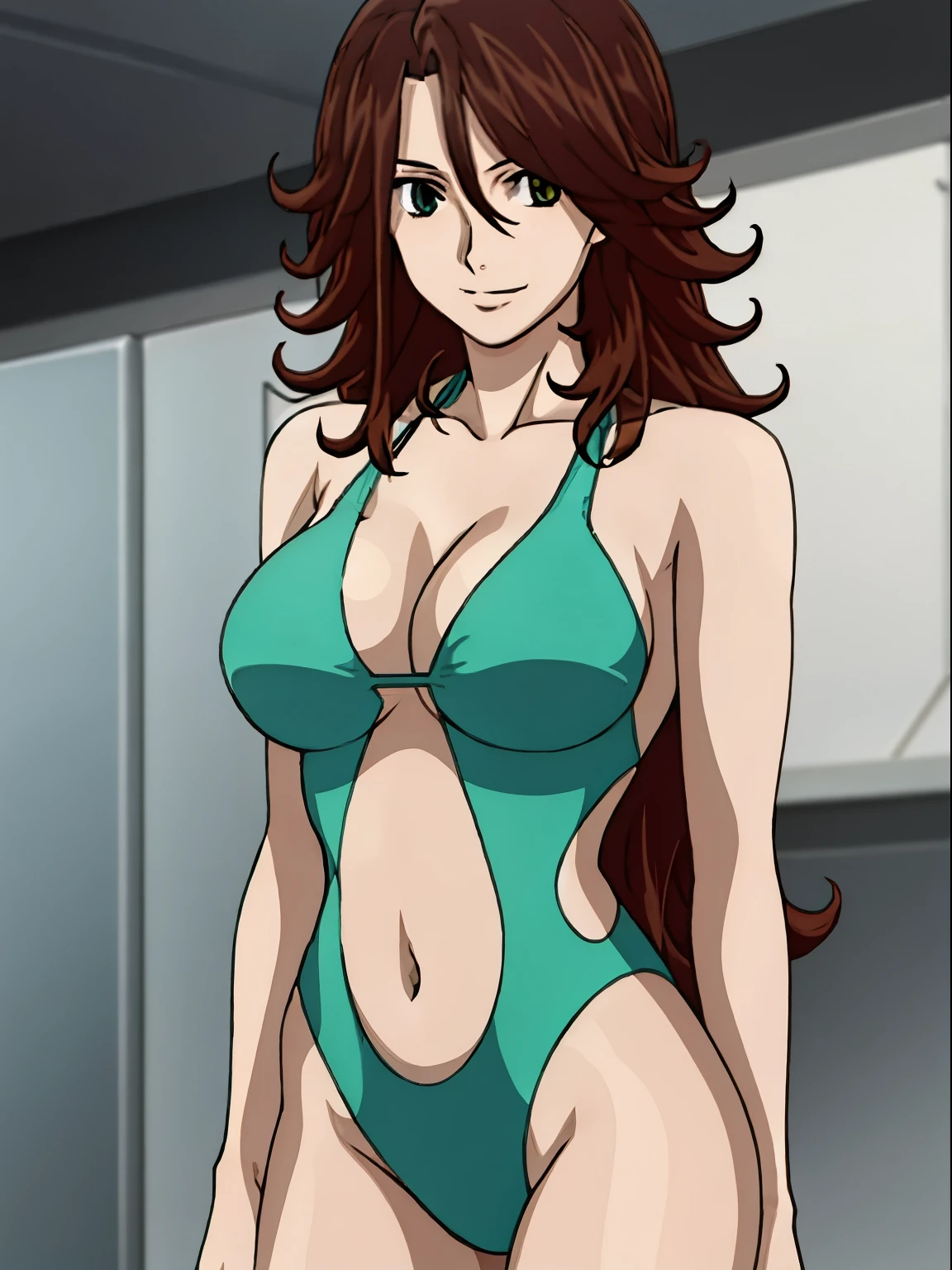 1girl, blunt bangs, very happy, smile, (slim woman, slim build), ((very high resolution, very high quality)), ultra realstic, cowboy shot, ((green one piece swimsuit)), (brown hair:1.2), very long hair, looking at viewer, smile, highly detailed background with titration screen and spot lights, (photo realistic:1.2), very  detailed eyes, red eyeshadow, depth of field, (solo:1.2), (cyberpunk city:1.1), (finger on lips:1.1),Shiny skin, standing, medium breasts with cleavage, (biceps, pale skin, navel, biceps, slim arms, slim belly), detailed hair streaks, thighs, narrow shoulders