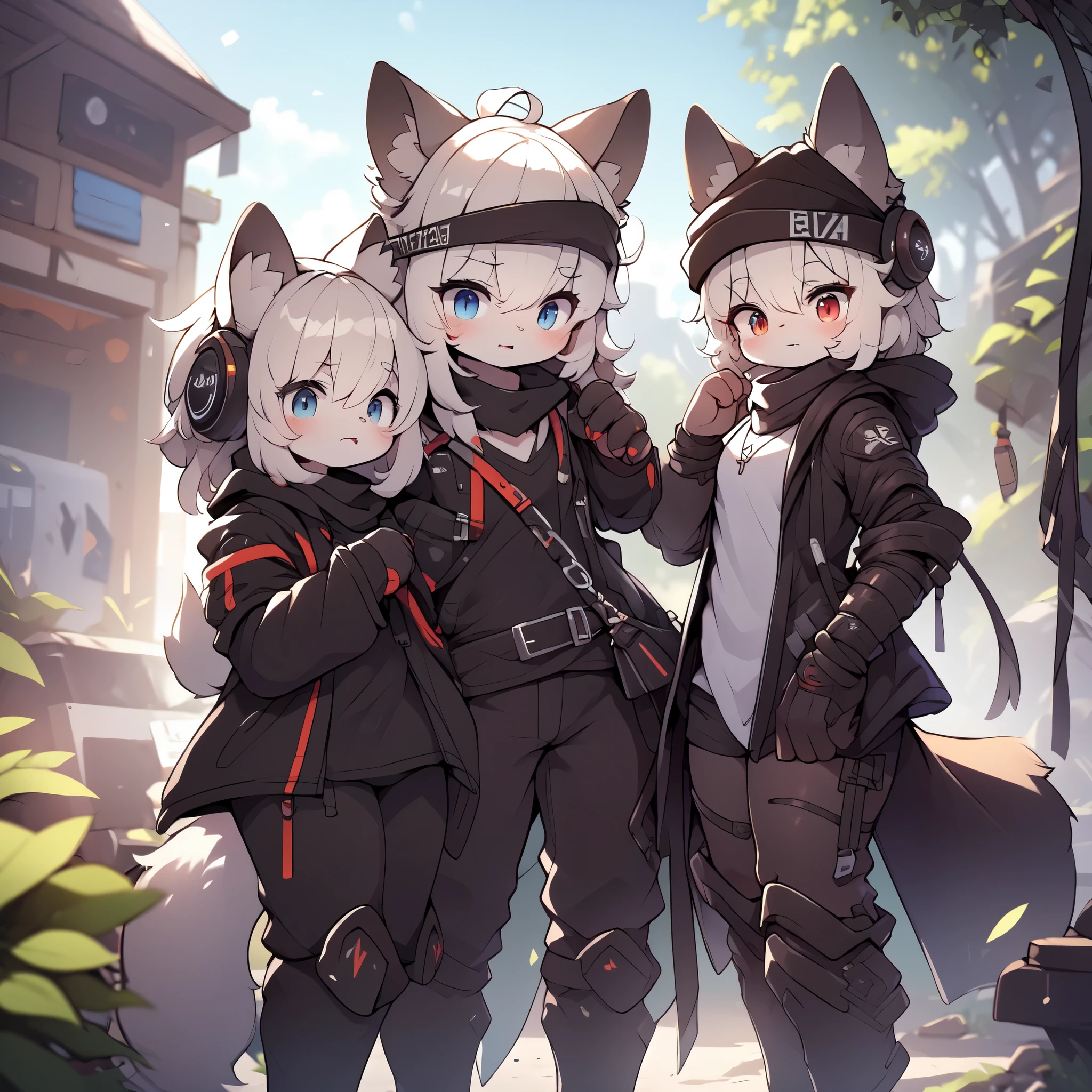 Kawaii, Striped Fluffy Fox, emaciated, long hair, 3girls, artificial synthetic skin, life support prosthetics, digital headphones, black tight latex bodysuit, white long dress, thigh-high-socks, shorts, loose off-the-shoulder hood open jacket, holsters in thigh, Mechanical boots, tactical knee pads, tactical belted loose Arm Sleeves, cybernetic Display gloves, chest rigs, tactical belts, blue archive halo, bulletproof goggles on forehead, from Ark nights, ray tracing, depth of field, bloom, masterpiece, ccurate, high details, highres