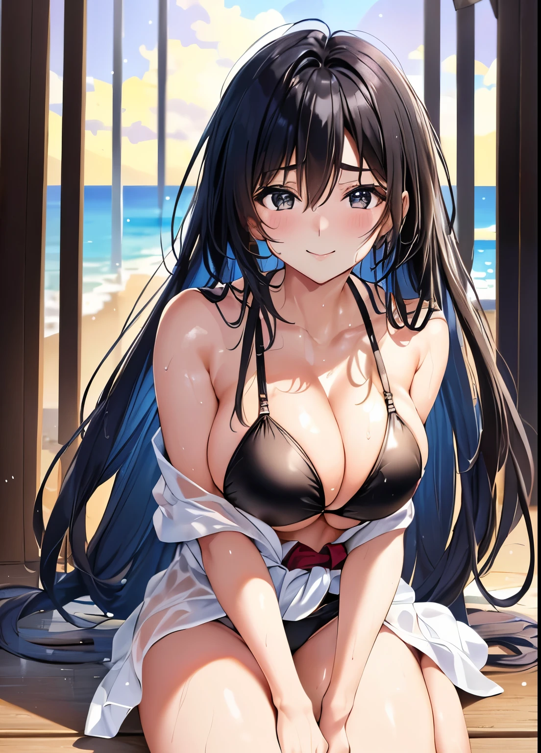 masterpiece、Anime Art、highest quality, masterpiece, (Realistic:1.2), 1 girl, (high resolution、whole body、-yeld beiful girl、165㎝、Long black hair down to the waist、Shining black eyes、Round eyes、Thick eyebrows、端正でbeautiful、cute、Wet white bikini、、No makeup、Shy smile、A bashful, flushed face, [(Transparent Background:1.5)::5], (((masterpiece))), (((highest quality))),(((Very detailed))), One girl, Mystical eyes, Sit on the beach with your legs apart、Super detailed, A light smile, Very detailedな顔, beautiful, The finer details, Super detailed, highest quality, 8k, Talked about at the art station, Excellent anatomy, beautiful lighting,、color々Pause、Wet Hair、Your body is wet、sweating、