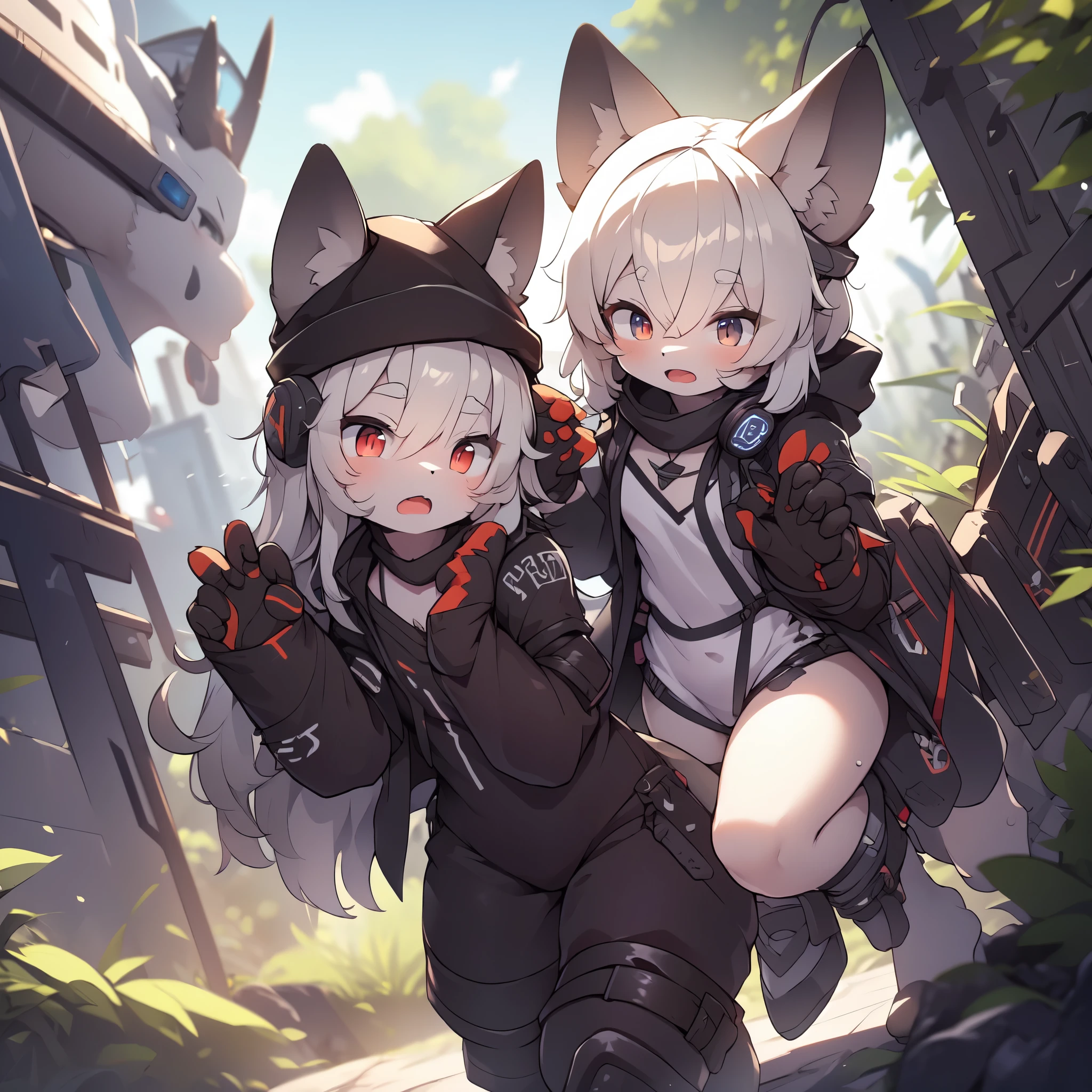 Kawaii, Striped Fluffy Fox, emaciated, long hair, 3girls, artificial synthetic skin, life support prosthetics, digital headphones, black tight latex bodysuit, white long dress, thigh-high-socks, shorts, loose off-the-shoulder hood open jacket, holsters in thigh, Mechanical boots, tactical knee pads, tactical belted loose Arm Sleeves, cybernetic Display gloves, chest rigs, tactical belts, blue archive halo, bulletproof goggles on forehead, from Ark nights, ray tracing, depth of field, bloom, masterpiece, ccurate, high details, highres