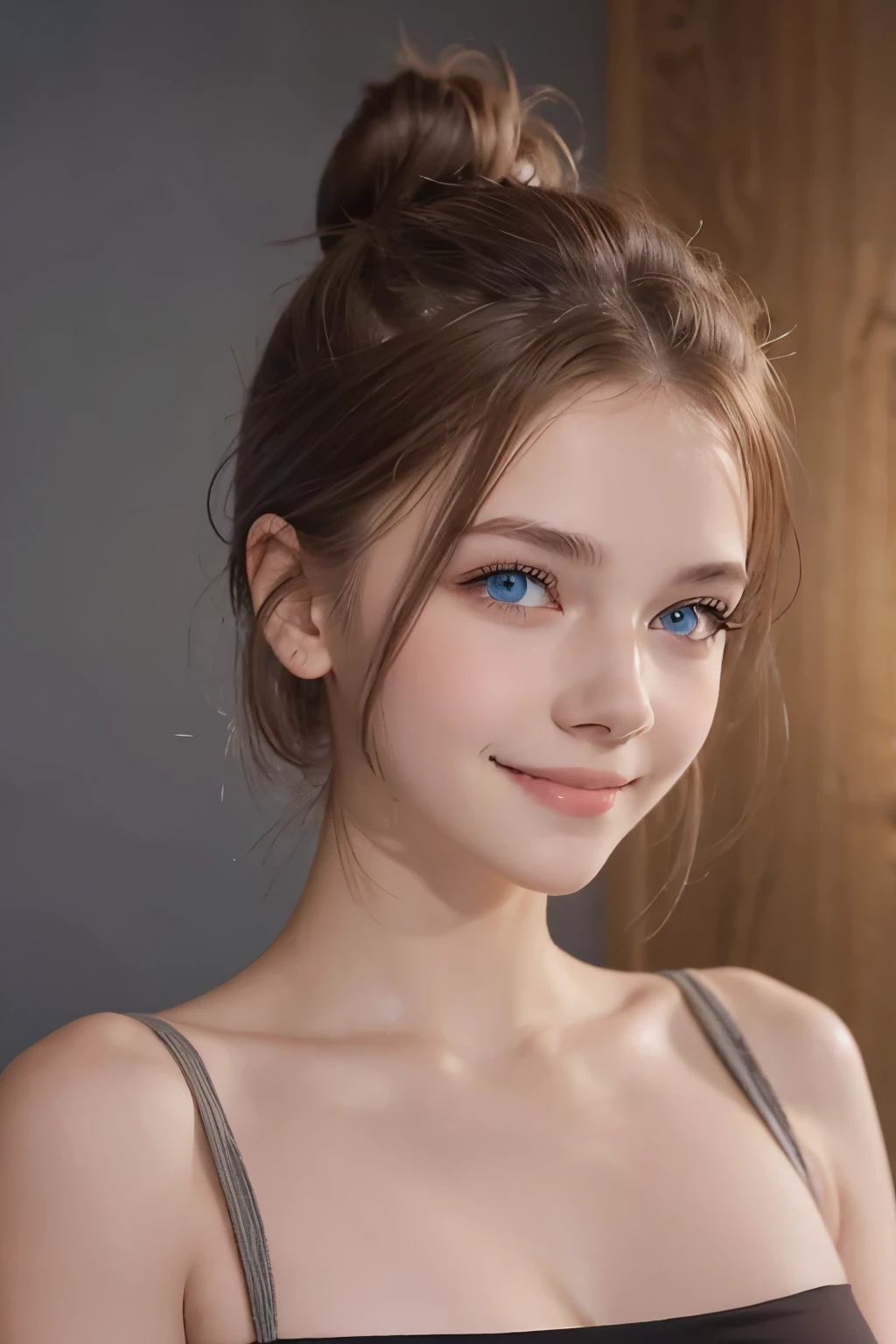 Tight black top:1.2, looking at the audience, Cinema lighting, perfect, soft light, High resolution skin:1.2, Realistic skin texture, 18 years old、a small face、No makeup,Off the shoulders 、blue eyes, bun, dark brown hair、gray background、evil smile, bad, evil