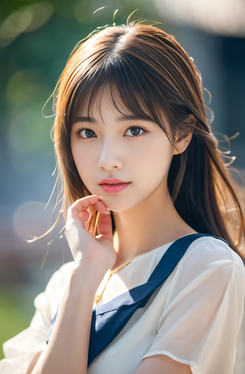 Photorealistic images of solo idols, looks like anime heroin, Radiates charm and beauty. The image iust reflect a real person of the highest quality, Powered by Ultra-HD (16 K) resolution, crisp detail, Vivid colors, Dynamic Range, Soft bokeh, Delicate texture, Realistic realism, Pin Sharp Focus. 、The camera setup is、Nikon D850 and NIKKOR Z 58mm F。/0.95 S Noct lens, The setting must be ISO , F/0.95, Shutter speed is 1/60.