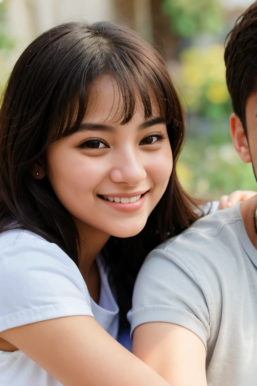 closeup photo of a beautiful girl smiling lovingly in the arms of her handsome boyfriend sitting in a yacth one bright sunny day