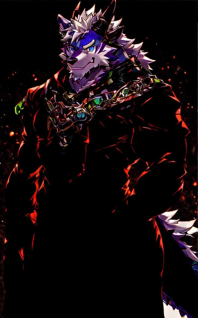 (masterpiece),Very detailed,(best quality),hairy,Wolf,male,Dragon Scale,black dragon horns,blue eyes,white hair,尾巴hairy的,Blood in left eye,Be honest and trustworthy,Handsome,8K,(high quality)