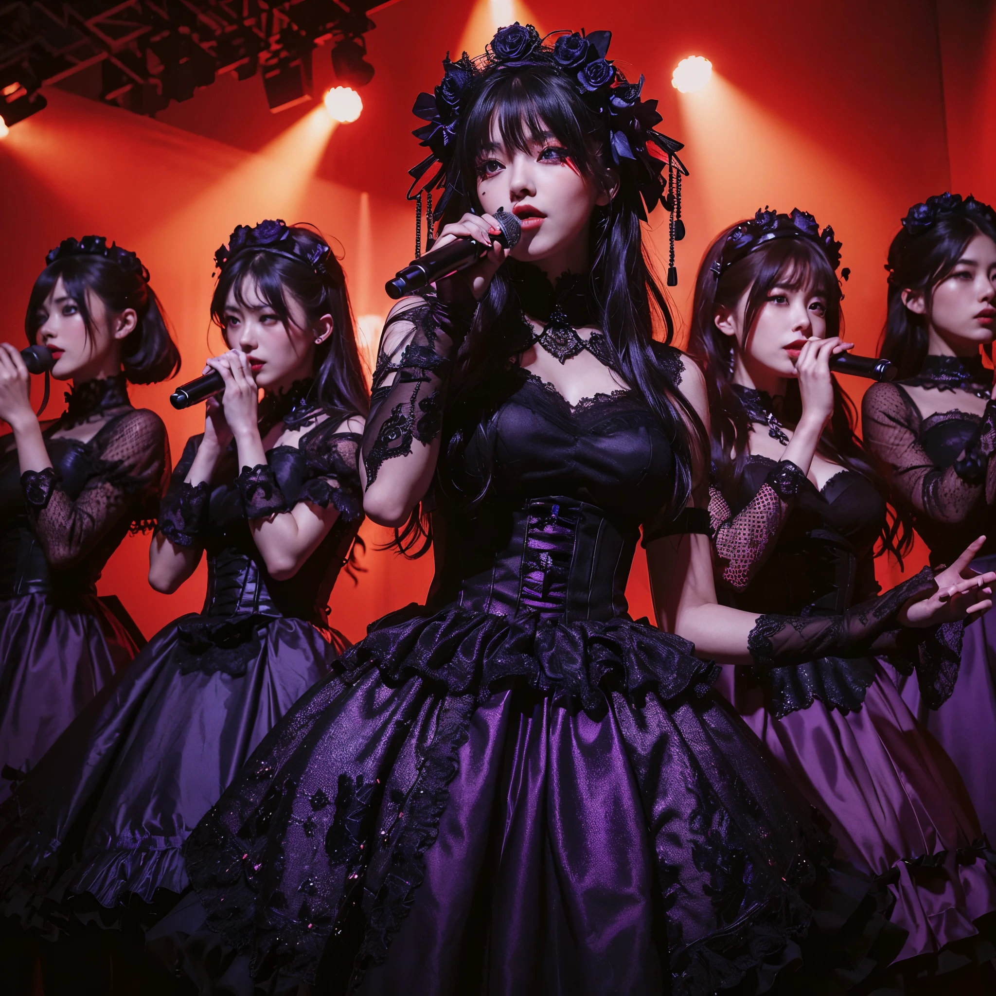 ((very sharp photo result & detailed face)) (((textile shading))) (((Best Quality))), (((masterpiece))) (((hyper realistic photo)) red-blue light mood, full band of japanese glam gothic style are on the stage, they wear black rose crown, red glow eyes, attractive sing play music on stage, they are wearing purple gowns black lace, net stockings & boots, at dark stage with red smoke on a night concert, dark dramatic spotlight lamp on them, taken with hasselblad camera. HDR10 8