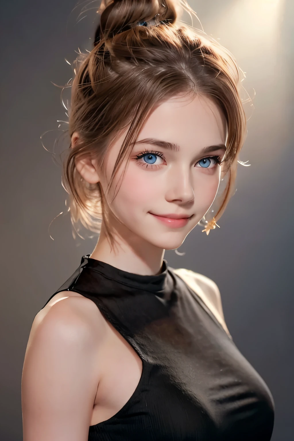 Tight black top:1.2, looking at the audience, Cinema lighting, perfect, soft light, High resolution skin:1.2, Realistic skin texture, 18 years old、a small face、No makeup,Off the shoulders 、blue eyes, bun, dark brown hair、gray background、evil smile, bad, evil