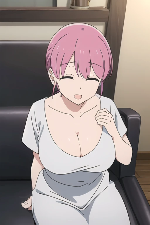 (Highly detailed CG Unity 8k wallpaper),(masterpiece),(highest quality),(Super detailed),(Best illustrations),(Best Shadow),(Absurd), Michiyo, One girl, One big guy, Pink Hair, Sitting, sofa, smile, shirt, Open your mouth,(Round neck、Cleavage、Cleavageが見えるノースリーブマキシワンピ), short hair, indoor, Place your hand on your stomach、(Huge breasts:2.5)、Milk tent、From above:0.7、look up:0.4、