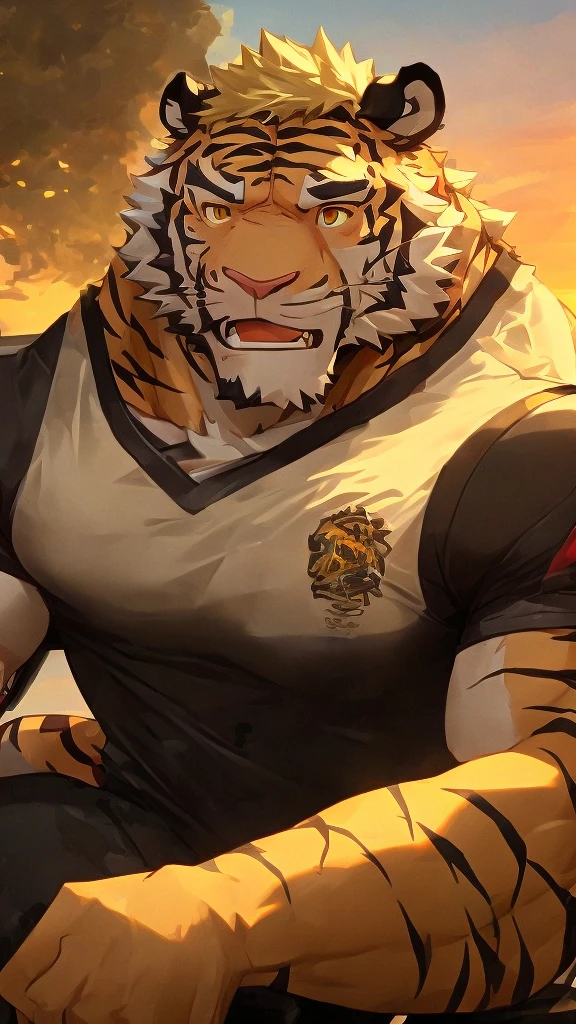 (masterpiece),(Very detailed),(best quality),hairy,Tiger,Brown fur,blond hair,Golden pupils,muscular,(Sports shirts),((expression)),8K,(high quality),(Ultra HD),(Super detailed)