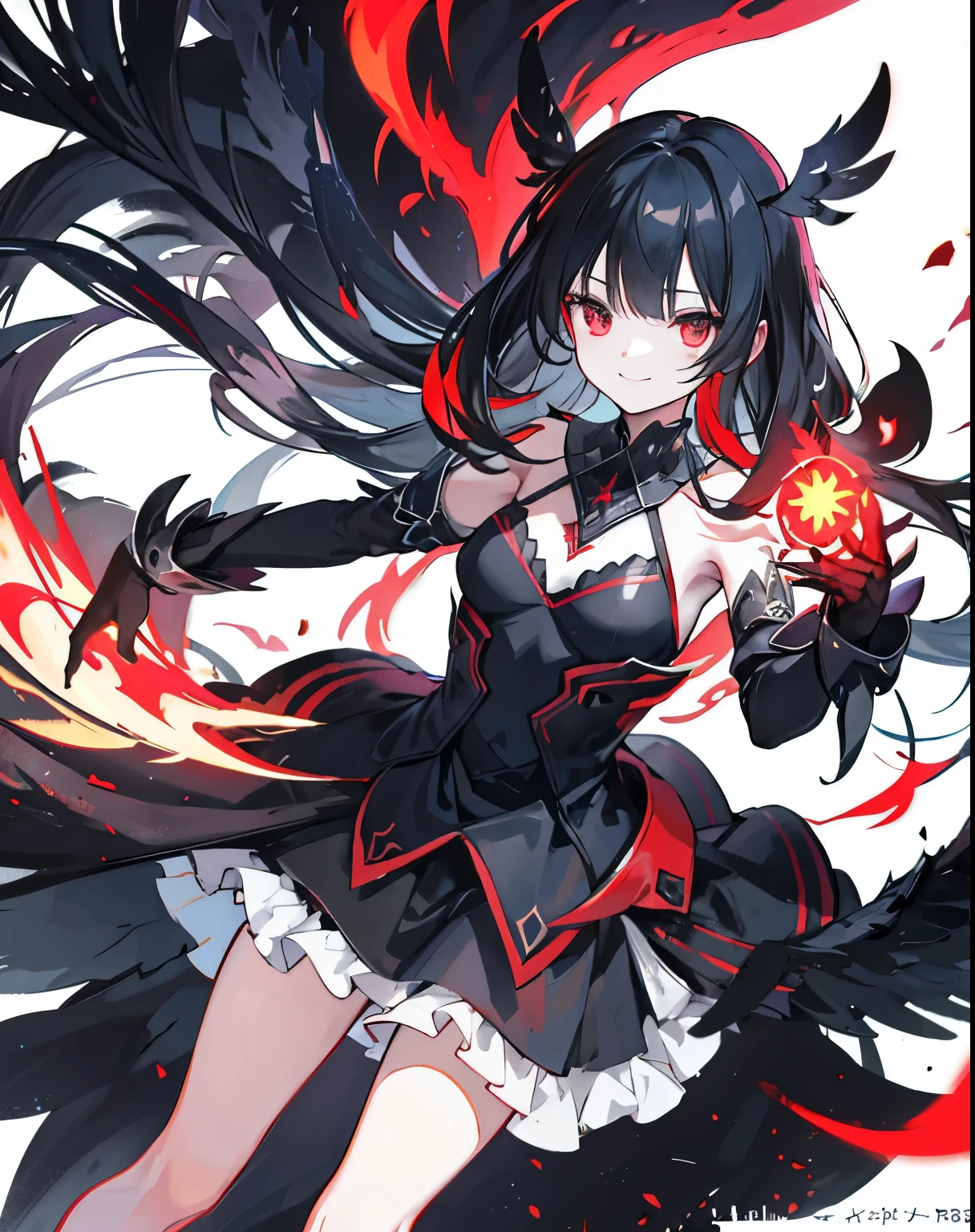 Art Station, White Background, Long black hair、Long Black Hair、Standing in the Wilderness,whole body、Equipped with Crow Gauntlets、triumphant smile、Small breasts、, As if smoke and shadows were given shape, Wings made from giant crows, Dancing crow feathers, Many glowing red eyes, Shadow Claw, Supernatural Lightning and Fire, ((black sun)), 8K High Resolution, トレンドArt Station, whole body,Black ruffled dress、A whirlpool of countless red-eyed crows、Nova explosion、Black Hole