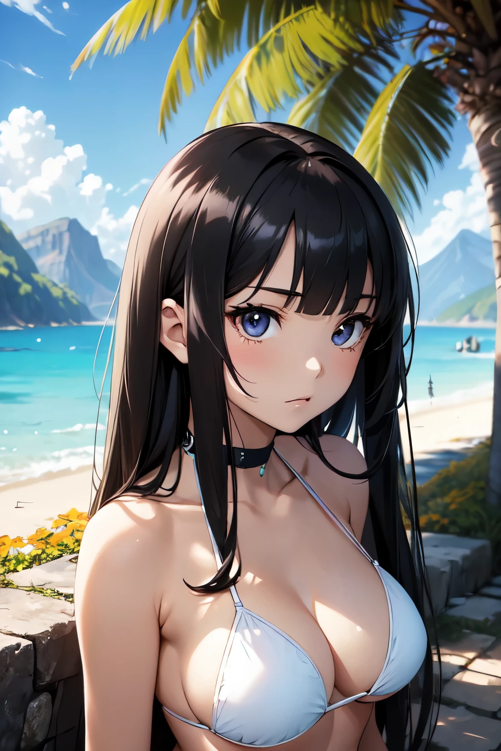 Illustration of a cute Bikini Model girl, (Anime Style:1.2), Tabletop, highest quality, Ultra-detailed, 4K, Absurd, High resolution,break,
One Girl, Bikini Model, alone, (, face:1.6), Huge eyes with intricate details, Shining black eyes, Black and long straight hair, Blunt bangs, Medium chest, curve, break,
(Shiny white micro bikini top, Cleavage), break,
Autumn Mountains々, Petricular muscles, Lots of weeds, wood々Sunlight passes through, , (Background Blur), break,
whole body, (Pause of Bikini Models:1.2), from the front. break,
Black Hair, break,Slender