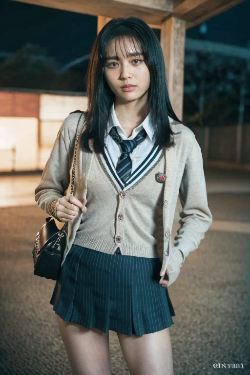 Late Night，Tokyo night view，Sexy atmosphere，Long-range shooting，Vision，2 women,Female Love， long hair, RAW photos, Original Photography，Bokeh (realism: 1.4, Practical), High-detail CG unified 8K wallpaper, 2 Girls, ((Noble girl: 1)), (Small cleavage: 1.2), Return to Viewer, ((Frontal view)), (HQ Skin: 1.4), 8K Ultra HD, Digital SLR Camera, Soft Light, high quality, Film Grain, Fuji XT3, ((Very detailed school uniform,、Short skirt、cardigan skirt、stripe、badge:1.5)), ((Night，outdoor, in school))) Long beads, Slender long legs，((High heel：1.2))whole body肖像,((Layered short hair, Black Hire,Small cleavage:1.2)),(looking at the audience:1.4),(whole body:1.8)，2 girls together，Female Love，Female classmates，Alumni，amour