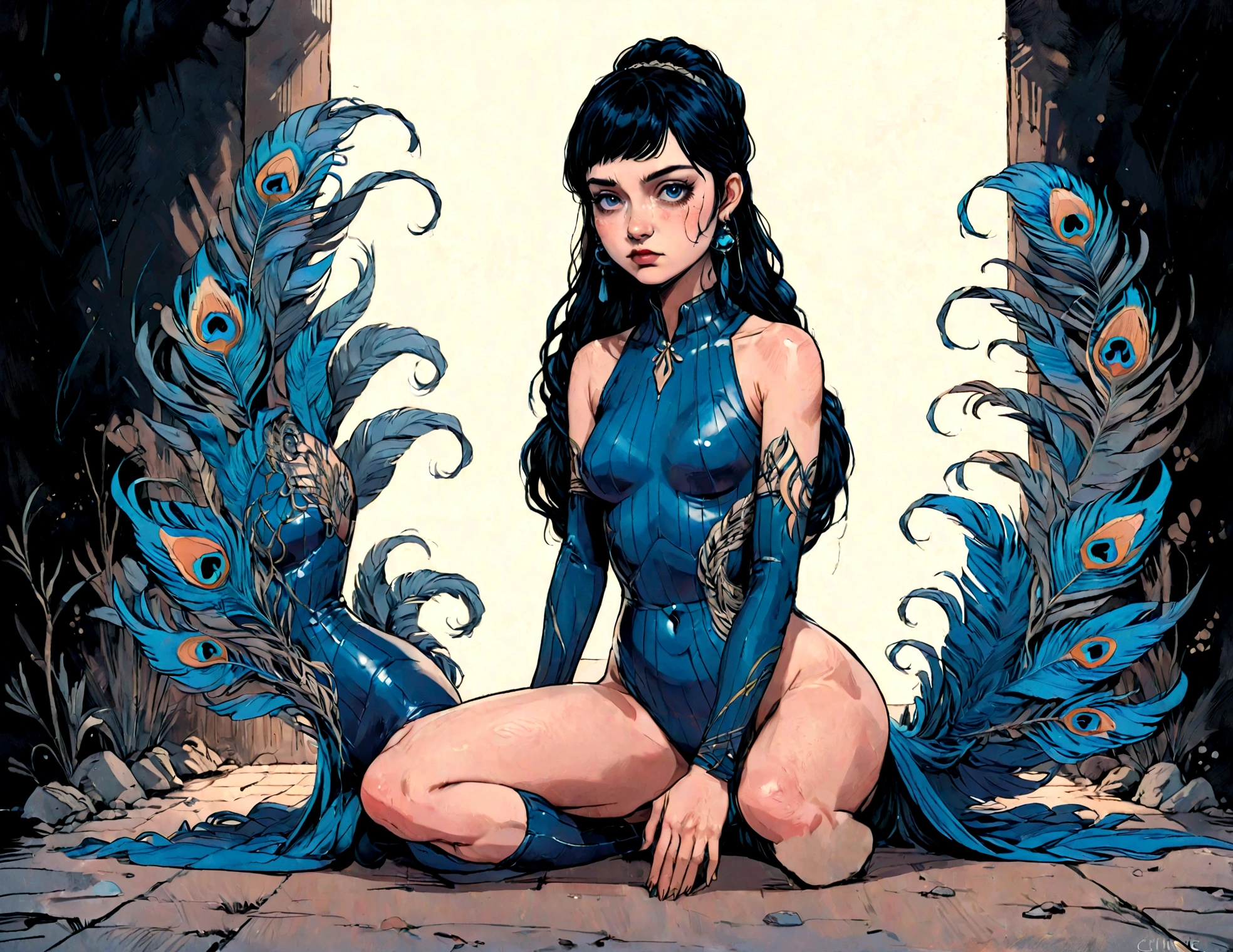 Full body portrait, young and beautiful woman in latex bodysuit (ultramarine blue) from _China_, highly detailed eyes and face, beautifully detailed eyes, beautifully detailed lips, beautiful woman, with bangs, very long straight black hair, braided into a single ponytail high on the head, (3 peacock tail feathers on head as a hair ornament: 1.55, realistic, photorealistic, natural light, glowing skin, hands on knees, (squatting with legs wide apart: 1.3), cold lighting, dark and gloomy atmosphere, cinematic lighting, dramatic, high quality, photorealistic, 8k, masterpiece, portrait photography, Chloeme