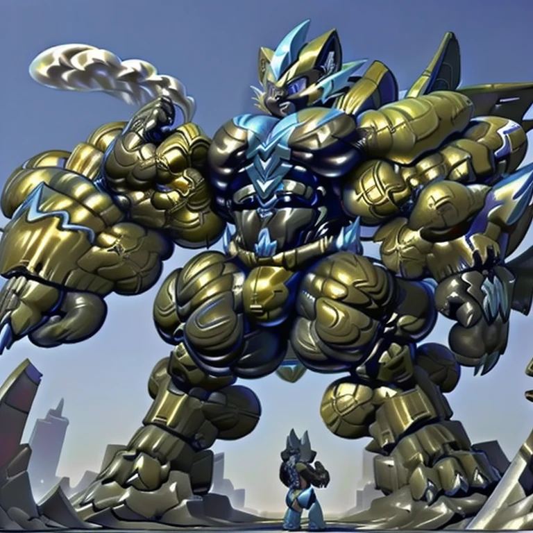 (masterpiece. official art. 8k. best quality. detailed full body. full body.)

(situation 1 : dominating zeraora. Zeraora is over 1000 meters long. giant mechanical Muscular Zeraora is trampling the city. Looking down. macro. stomp. Low-angle perspective. emphasizing the immense size.)

(situation 2 :smoke and flames rising from the destruction in the city)

(Additional details 1: wearing a full-face helmet. high-tech bio-mecha armor. real texture material. whole body shines like metal. Wearing cyberpunk mecha. emphasizes the muscles. suit fully made of metal. intricate armor. Robotic suit. suit fully made of metal. cyborg. Powered exoskeleton with the same design as Zeraora).

(Additional details 2: (gigantic muscles. HYPER MUSCLES. Gigachad Muscular. big muscle. pecs. triceps. traps. unusually developed muscular body. body full of huge muscles. showing off muscles. pectorales enormes. Exaggeratedly huge muscles.).

(Additional details 3: Spread wings. It has wings. have big wings. The claws are sharp. Sharp teeth.5 toes.).

(tiny thong, metallic color: jet black thong. bulge in the crotch.)