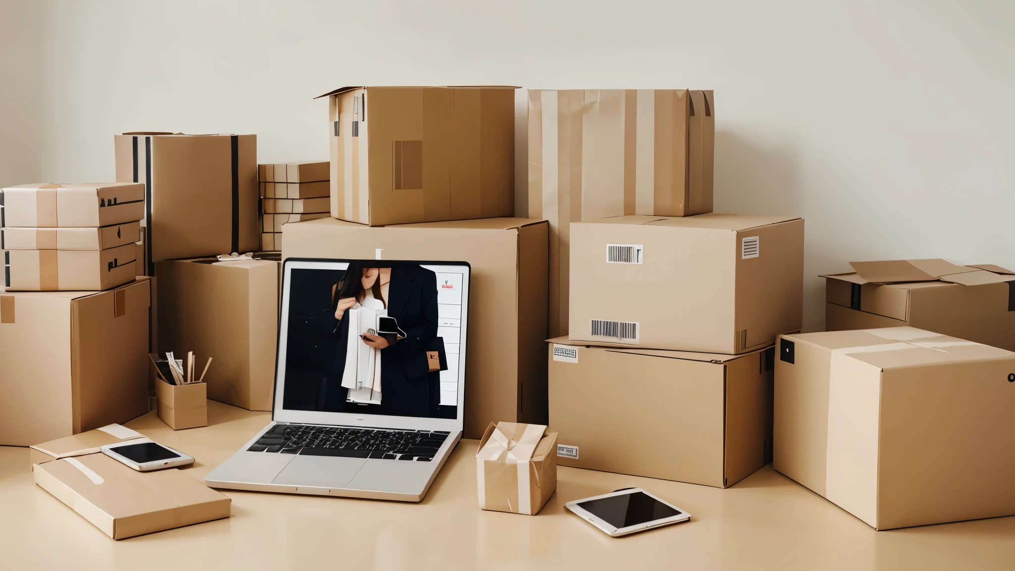 POV of a person online shopping on a laptop, surrounded by delivery packages, soft preset, modern style, low contrast, 2D, Illustration 