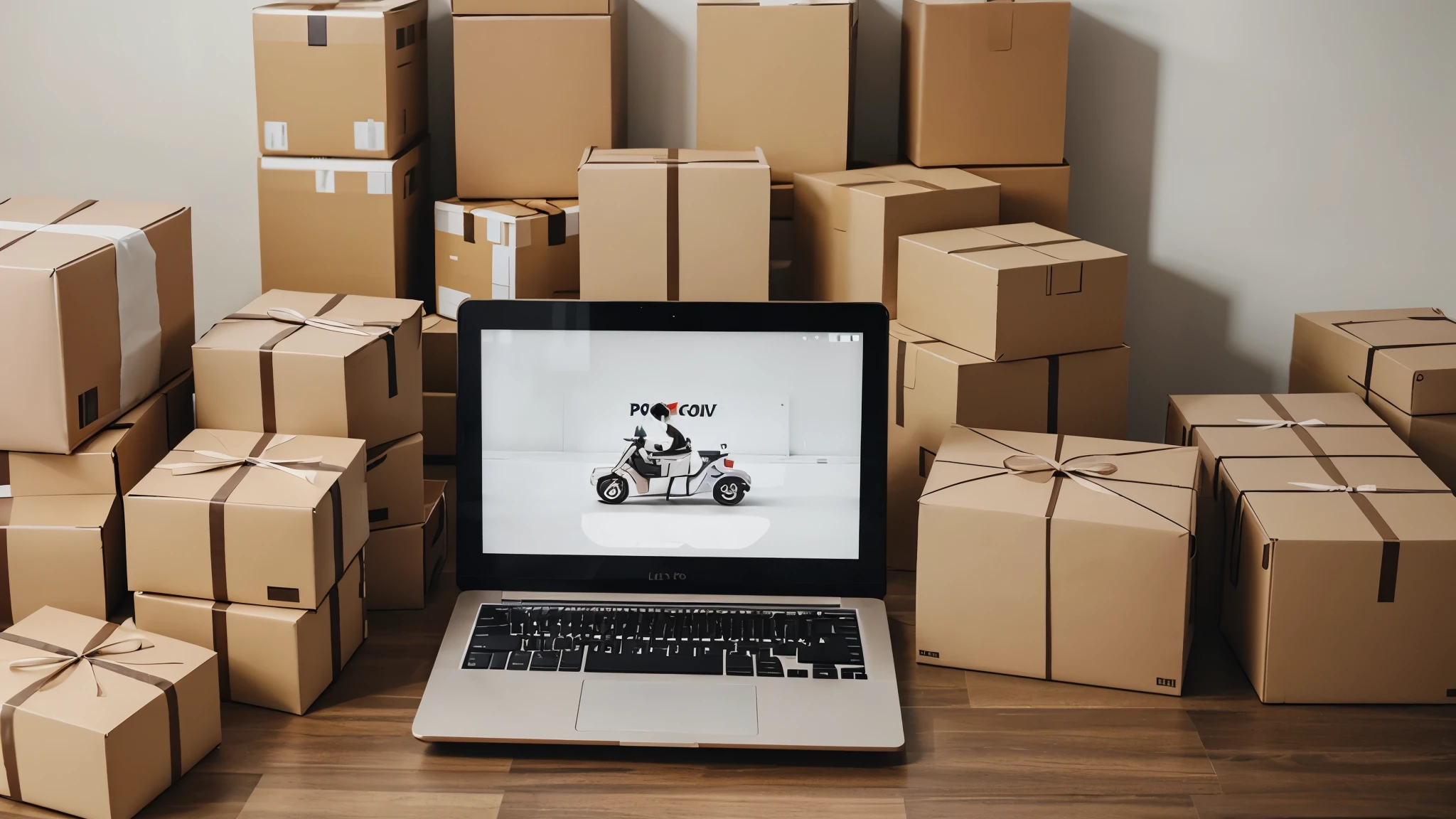 POV of a person online shopping on a laptop, surrounded by delivery packages, soft preset, modern style, low contrast, 2D, Illustration