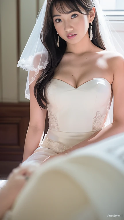 (masutepiece), Best Quality, Highest Quality, Highly detailed CG Unity 8k wallpaper, Original, High resolution, (depth of fields: 1.5), fidelity: 1.3, breasts, Bride portrait style, 1 girl, drapes, veils , Bridal Veil, sheer wedding dress, drapes, Jewelry, Solo, earrings, tusk, bride, Black_hair