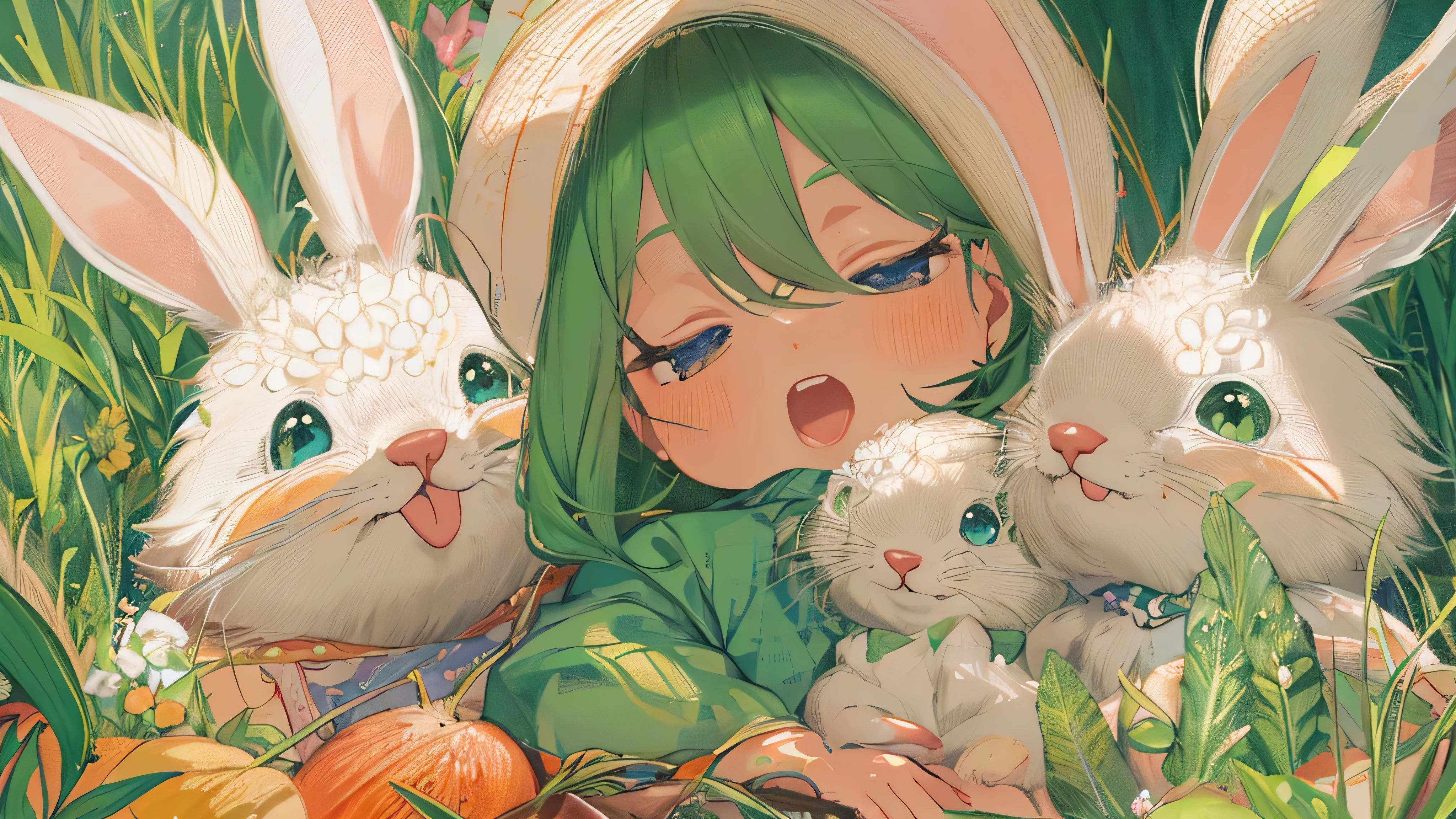 Simple, High-end, color, （cute）, Woolen fabric style, （A small-scale bunny picking carrots）, （Low saturation color）, Green Fields, summer, （No characters）, (Big scene）, （Bright Light），Ghibli-like colours, Pop art, cinematic lighting, Luminism, Contemporary art, Conceptual art, masterpiece, UHD, award winning, super detail, high details, highres, 16k, anatomically correct，