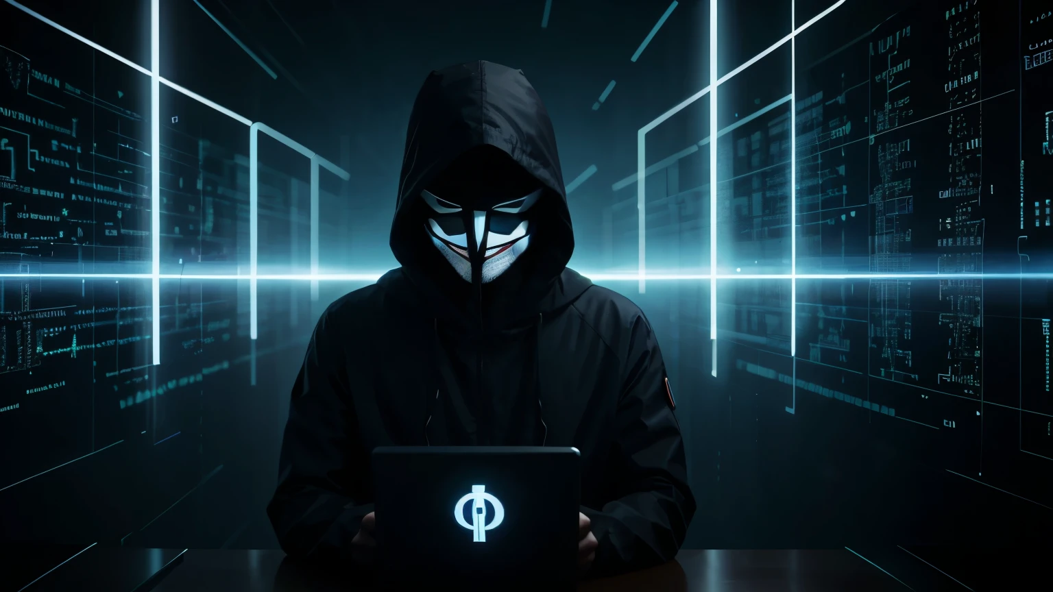 Anonymous hacker, surrounded by a network of glowing data, anonymous hackers mask, glowing blue background 