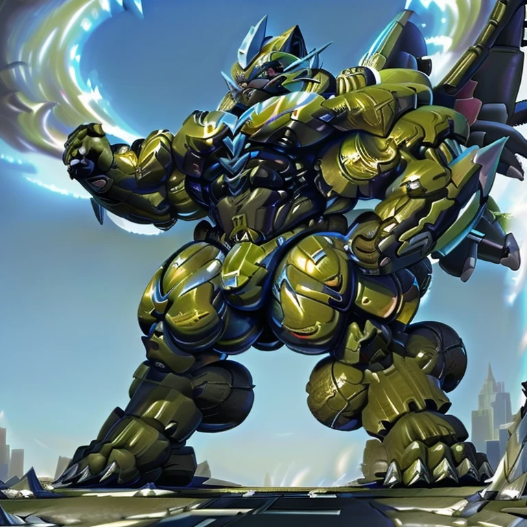 (masterpiece. official art. 8k. best quality. detailed full body. full body.)

(situation 1 : dominating zeraora. Zeraora is over 1000 meters long. giant mechanical Muscular Zeraora is trampling the city. Looking down. macro. stomp. Low-angle perspective. emphasizing the immense size.)

(situation 2 :smoke and flames rising from the destruction in the city)

(Additional details 1: wearing a full-face helmet. high-tech bio-mecha armor. real texture material. whole body shines like metal. Wearing cyberpunk mecha. emphasizes the muscles. suit fully made of metal. intricate armor. Robotic suit. suit fully made of metal. cyborg. Powered exoskeleton with the same design as Zeraora).

(Additional details 2: (gigantic muscles. HYPER MUSCLES. Gigachad Muscular. big muscle. pecs. triceps. traps. unusually developed muscular body. body full of huge muscles. showing off muscles. pectorales enormes. Exaggeratedly huge muscles.).

(Additional details 3: Spread wings. It has wings. have big wings. The claws are sharp. Sharp teeth.5 toes.).

(tiny thong, metallic color: jet black thong. bulge in the crotch.)