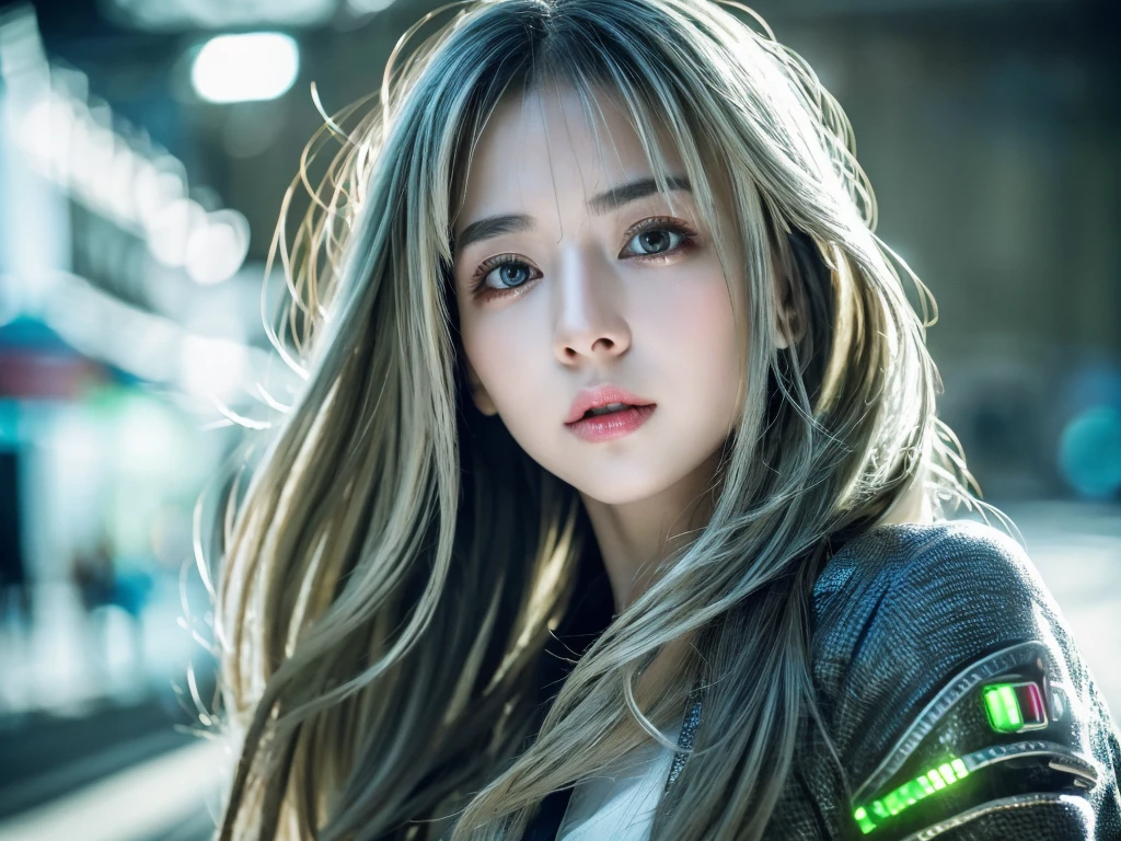 highest quality、8k Masterpiece、超A high resolution、(Photorealistic:1.3)、RAW Photos、1 girl、Silvery white hair、Glowing Skin、1. Super-beautiful Cyberpunk Soldiers、((Ultra-Realistic Details))、Portrait、Global Illumination、Shadow、Octane Rendering、8k、Super sharp、Beautiful breasts、Metal、Cold colors、、Very intricate details、Realistic Light、CGSoation Trend、Beautiful Eyes、Shining Eyes、To the camera、Neon Details、