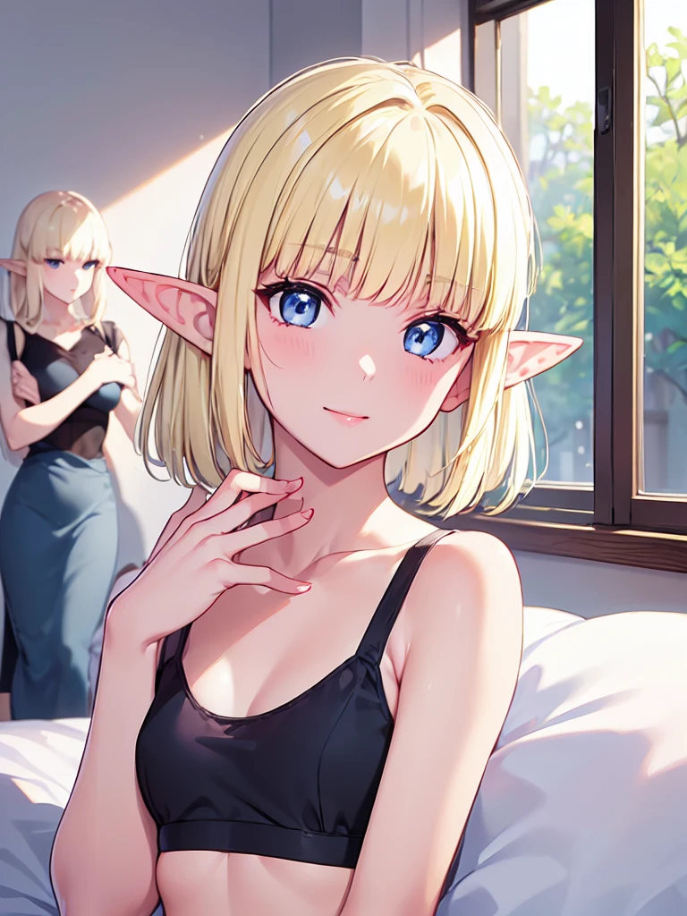 Very close、((Focus on the upper body))、16k、masterpiece、High resolution、High resolution、((ung elven woman))、((Beautiful white skin))、((Beautiful blonde))、((Small breasts))、Bunhead、short hair、((Beautiful Blue Eyes))、((Pointed Ears))、Smiling Kindly、blush、Pink Lip Gloss、Shiny skin、((Black sports bra))、((Bedroom、window))、((Courting me))、((Put your hand on your cheek))