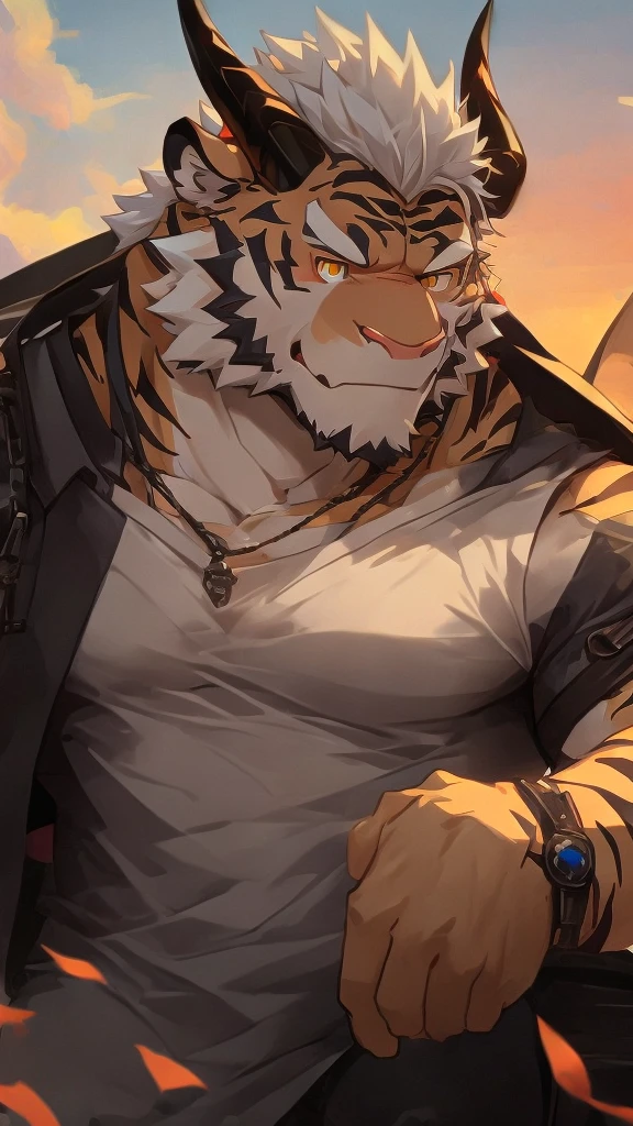 (masterpiece),Very detailed,(best quality),hairy,Tiger,male,Dragon Scale,black dragon horns,Golden Eyes,white hair,尾巴hairy的,Blood in left eye,Be honest and trustworthy,Handsome,8K,(high quality)
