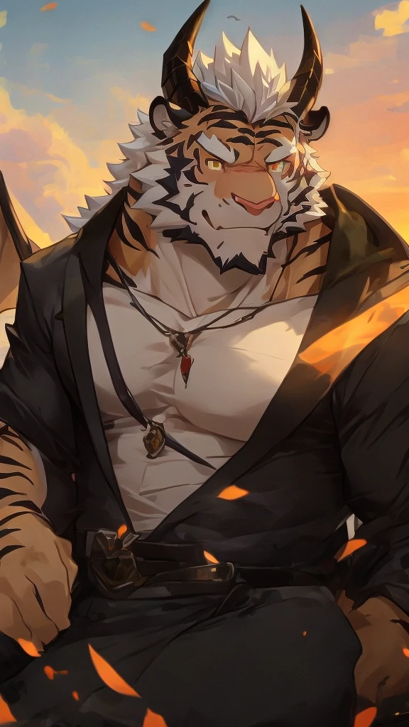 (masterpiece),Very detailed,(best quality),hairy,Tiger,male,Dragon Scale,black dragon horns,Golden Eyes,white hair,尾巴hairy的,Blood in left eye,Be honest and trustworthy,Handsome,8K,(high quality)