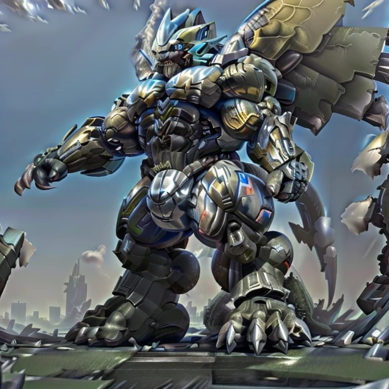 (masterpiece. official art. 8k. best quality. detailed full body. full body.)
(situation 1 : dominating zeraora. Zeraora is over 1000 meters long. giant mechanical Muscular Zeraora is trampling the city. Looking down. macro. stomp. Low-angle perspective. emphasizing the immense size.)
(situation 2 :smoke and flames rising from the destruction in the city)
(Additional details 1: wearing a full-face helmet. high-tech bio-mecha armor. real texture material. whole body shines like metal. Wearing cyberpunk mecha. emphasizes the muscles. suit fully made of metal. intricate armor. Robotic suit. suit fully made of metal. cyborg. Powered exoskeleton with the same design as Zeraora).
(Additional details 2: (gigantic muscles. HYPER MUSCLES. Gigachad Muscular. big muscle. pecs. triceps. traps. unusually developed muscular body. body full of huge muscles. showing off muscles. pectorales enormes. Exaggeratedly huge muscles.).
(Additional details 3: Spread wings. It has wings. have big wings. The claws are sharp. Sharp teeth.5 toes.).
(tiny thong, metallic color: jet black thong. bulge in the crotch.)