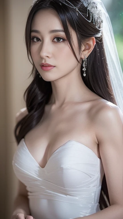 (masutepiece), Best Quality, Highest Quality, Highly detailed CG Unity 8k wallpaper, Original, High resolution, (depth of fields: 1.5), fidelity: 1.3, breasts, Bride portrait style, 1 girl, drapes, veils , Bridal Veil, sheer wedding dress, drapes, Jewelry, Solo, earrings, tusk, bride, Black_hair