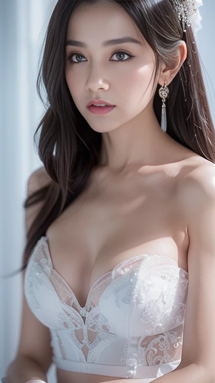 (masutepiece), Best Quality, Highest Quality, Highly detailed CG Unity 8k wallpaper, Original, High resolution, (depth of fields: 1.5), fidelity: 1.3, breasts, Bride portrait style, 1 girl, drapes, veils , Bridal Veil, sheer wedding dress, drapes, Jewelry, Solo, earrings, tusk, bride, Black_hair