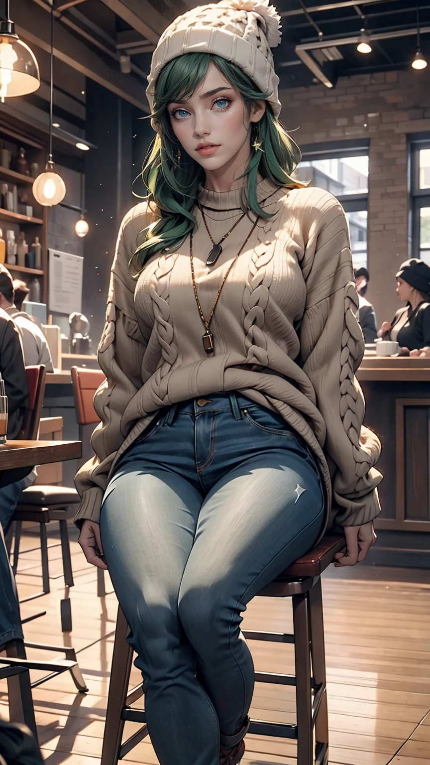 One girl, alone, coffee shop, Green Hair, Beanie, sweater, jeans, Sitting in a chair, Dynamic pose, indoor, 、Sexy proportions、Narrow waist、Long legs