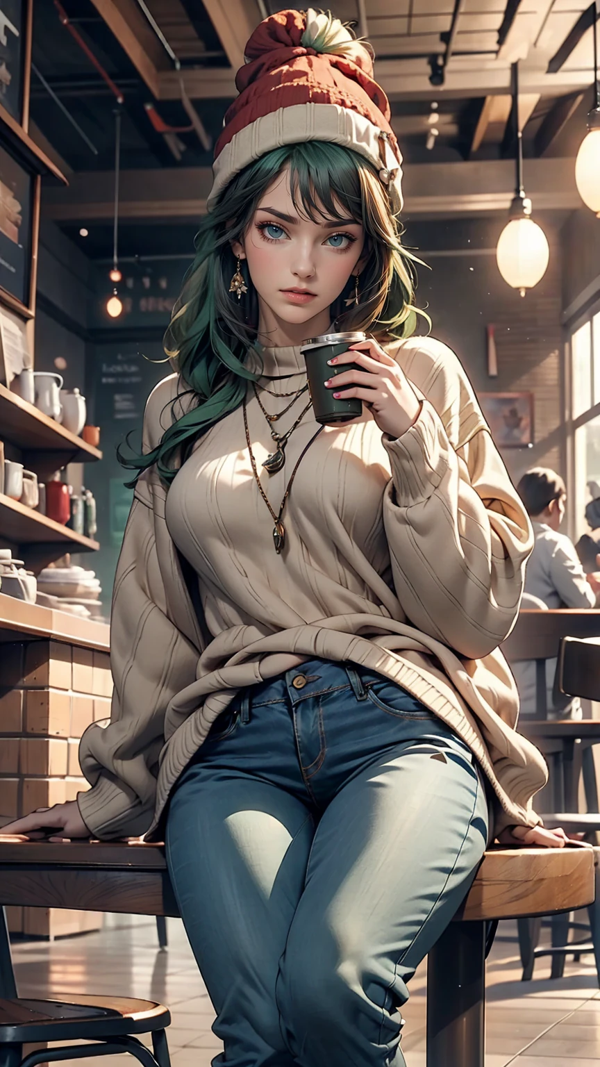 One girl, alone, coffee shop, Green Hair, Beanie, sweater, jeans, Sitting in a chair, Dynamic pose, indoor, 、Sexy proportions、Narrow waist、Long legs