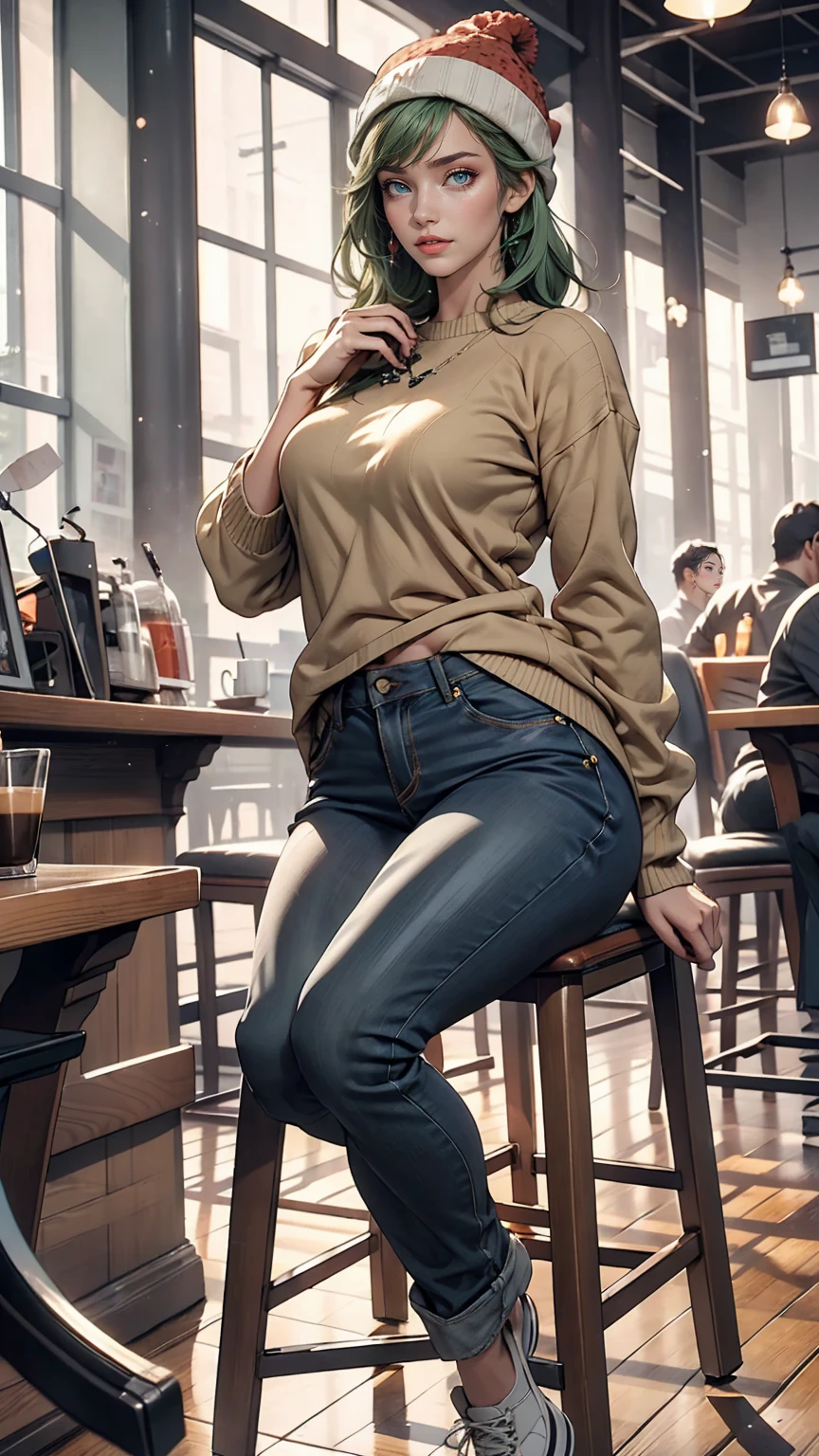 One girl, alone, coffee shop, Green Hair, Beanie, sweater, jeans, Sitting in a chair, Dynamic pose, indoor, 、Sexy proportions、Narrow waist、Long legs