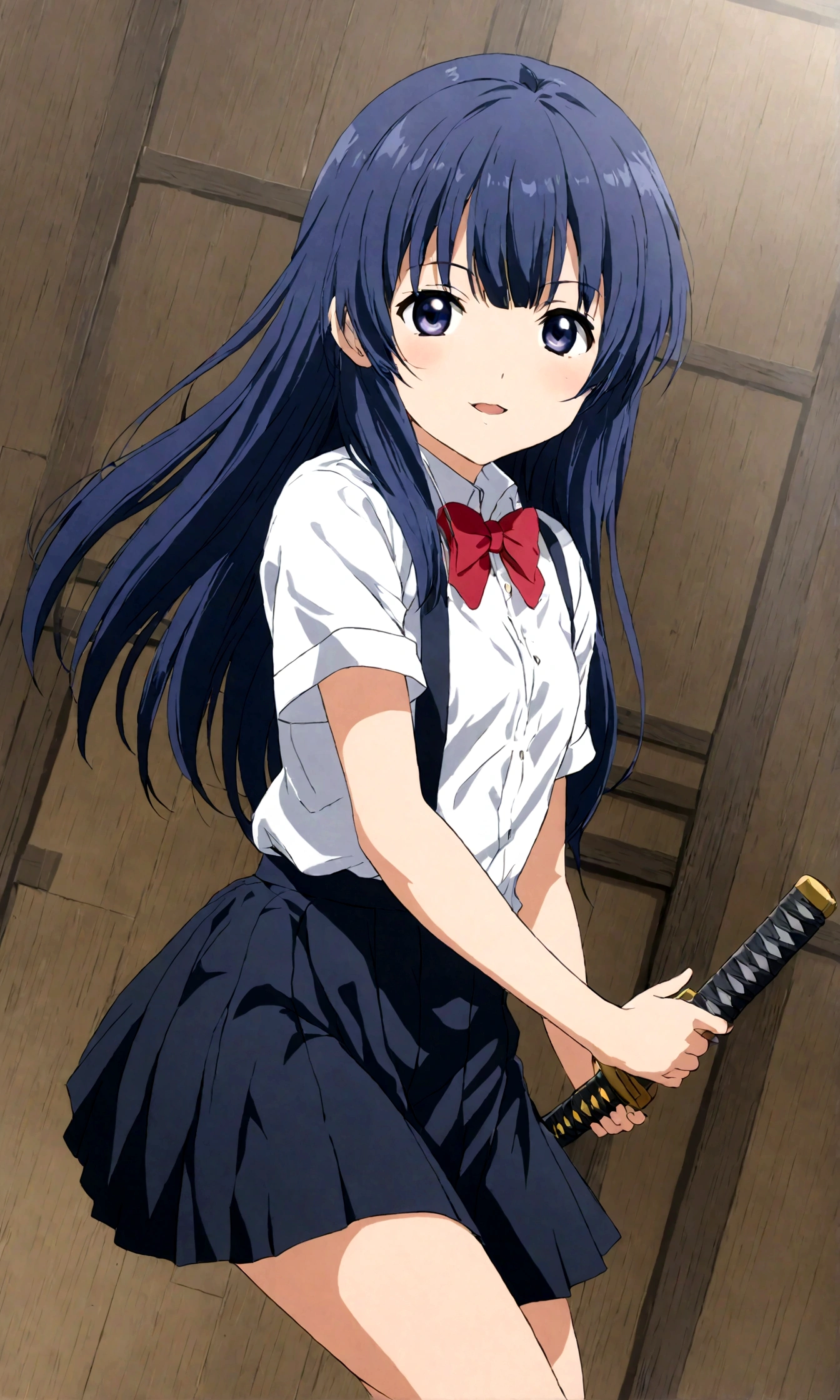 score_9,score_8, score_8_up, BREAK  ,1girl, solo, furude rika, (tween), kawaii, blue hair, purple eyes, long hair, blunt bangs, bangs,, bow, skirt, shirt, suspenders, smile, short sleeves, pleated skirt, white shirt, open mouth, :d, red bow, ,^_^, suspender skirt, , black skirt, collared shirt, blush, bowtie, blunt bangs, dress shirt,masterpiece, best quality, source_anime,ceiling, ceiling light, great lighting, detailed shadows, detailed body, anime artwork,anime style, key visual, vibrant, studio anime, highly detailed, anime coloring,,upperbody, in distance, wide shot, from front,straight-on,iaidow,weapon, katana, holding sword, ready to draw, sheathed, unsheathing, scabbard,, ,simple background, white background.Subsurface scattering,(darkness aura)