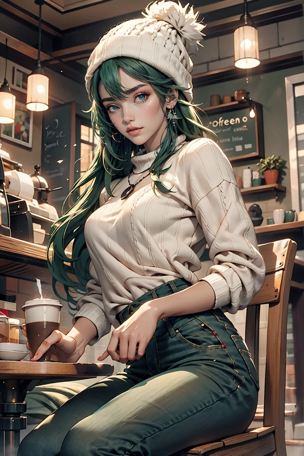 One girl, alone, coffee shop, Green Hair, Beanie, sweater, jeans, Sitting in a chair, Dynamic pose, indoor, 、Sexy proportions、Narrow waist、Long legs