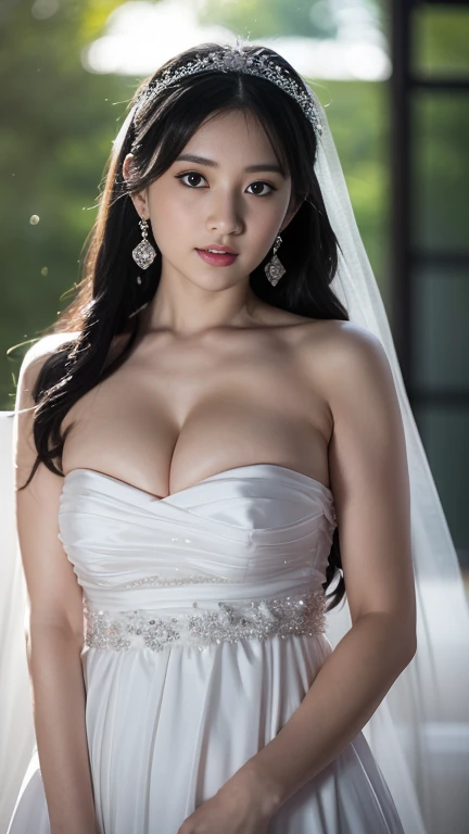 (masutepiece), Best Quality, Highest Quality, Highly detailed CG Unity 8k wallpaper, Original, High resolution, (depth of fields: 1.5), fidelity: 1.3, breasts, Bride portrait style, 1 girl, drapes, veils , Bridal Veil, sheer wedding dress, drapes, Jewelry, Solo, earrings, tusk, bride, Black_hair