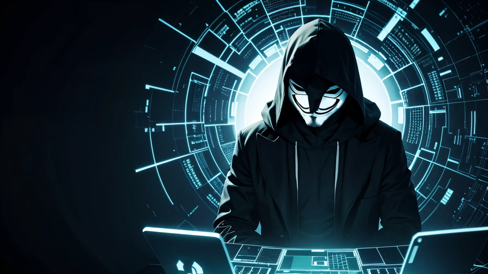 Anonymous hacker, surrounded by a network of glowing data.