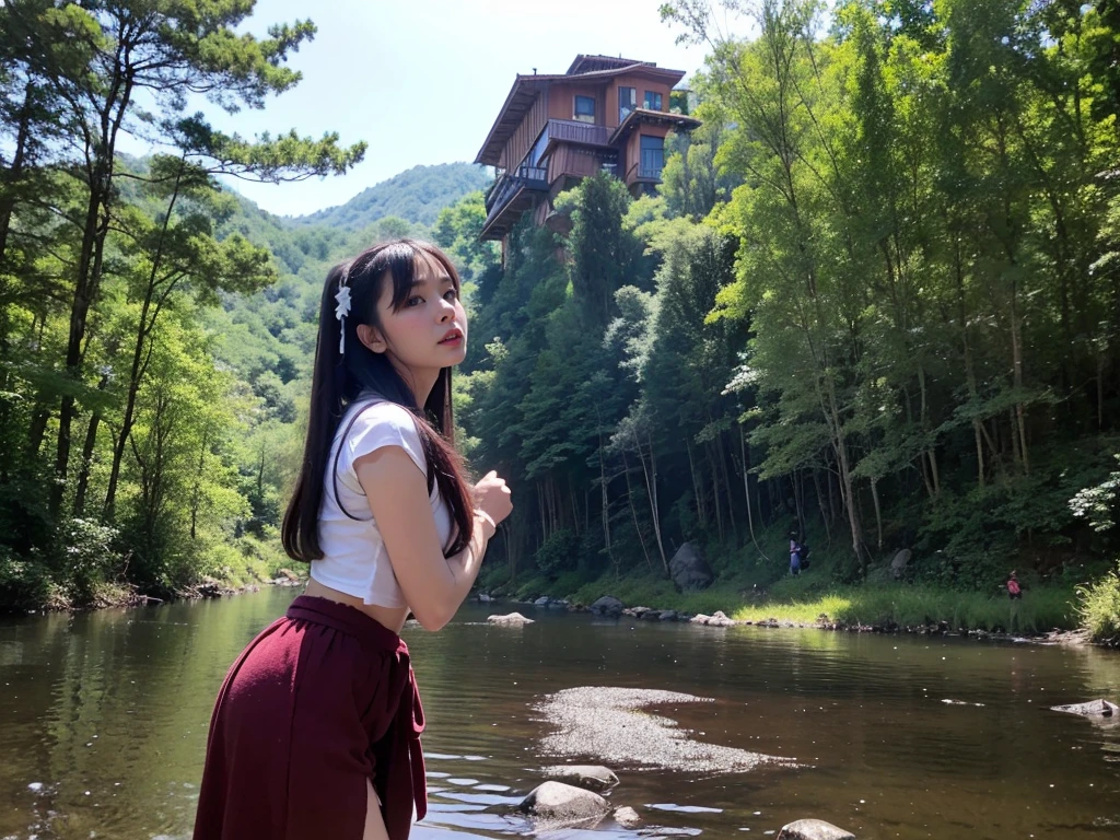 ((Demon in Rushan Province)), (age girl whose mind is consumed by loneliness and vengeance), Beautiful girl, Village hachibun, (Sad and sharp eyes), Villagers wearing old demon masks point at a woman, Girlfriend, Japanese, Village not on map, (Bottomless swamp), move chart, wide shot, best quality, unique sensibility, 40s Showa era, horror cartoon, more realistic, one scene from below, from side, sideways, atmospheric perspective, best quality, unique sensibility, 1960s, horror manga, realistic, movie scene